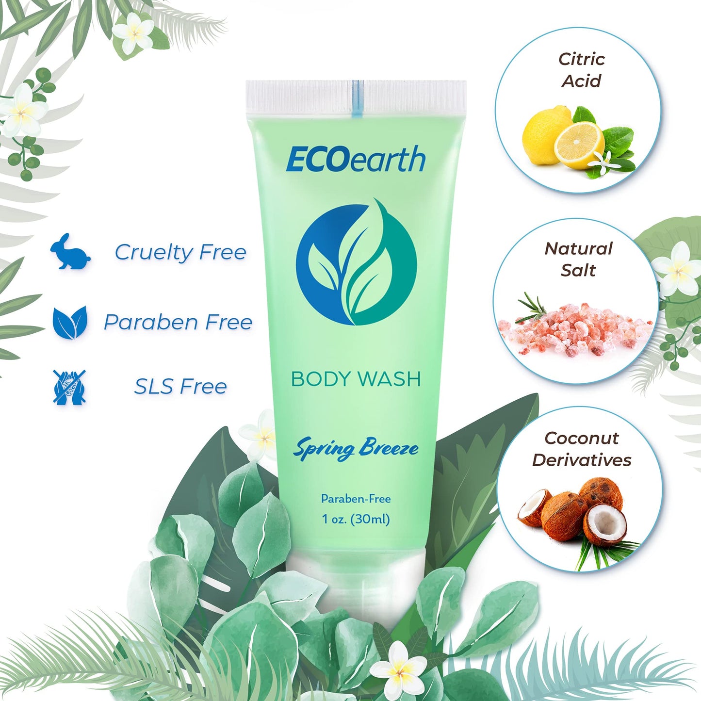 EcoEarth Travel Size Body Wash – Spring Breeze, 1 fl oz, 100-pack for Hospitality
