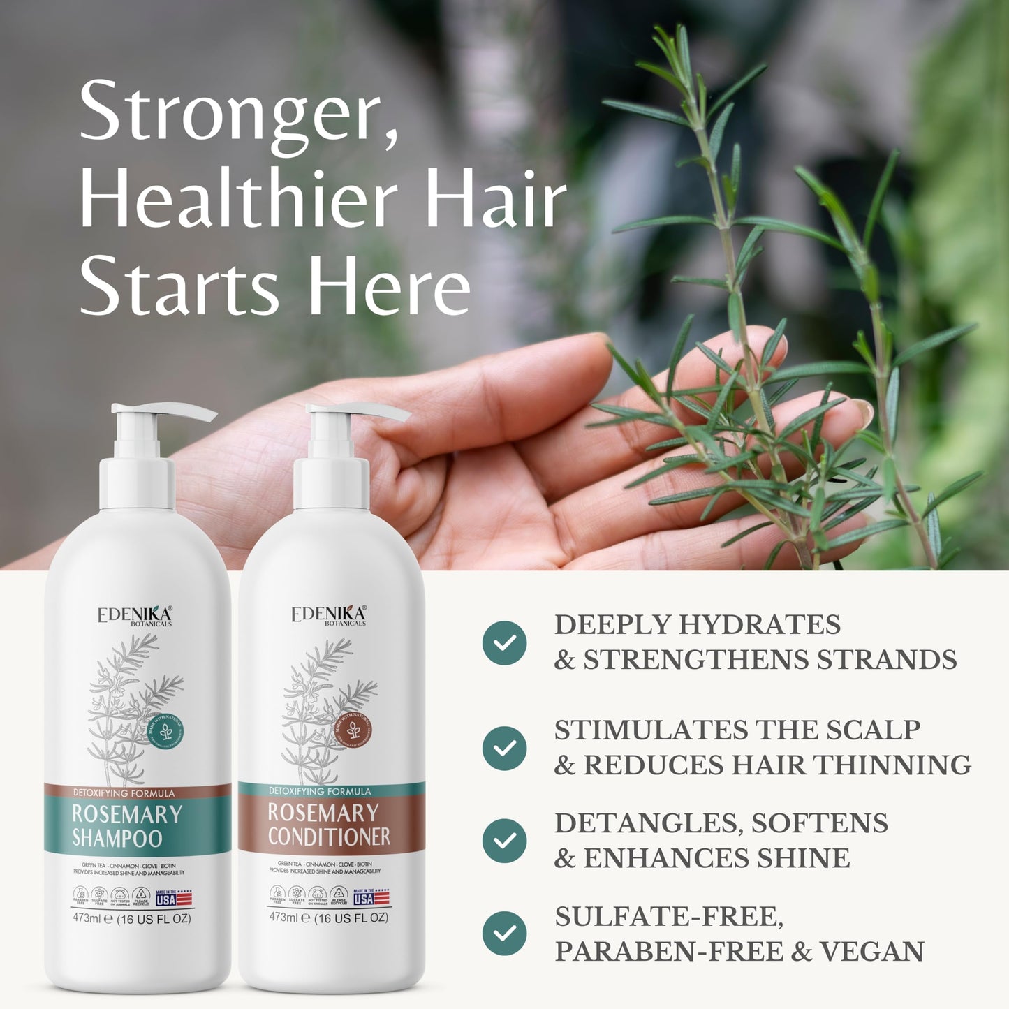 Edenika Botanicals Rosemary Shampoo & Conditioner Set with Biotin – Thinning Hair Support, Organic & Sulfate-Free (16 oz Each)