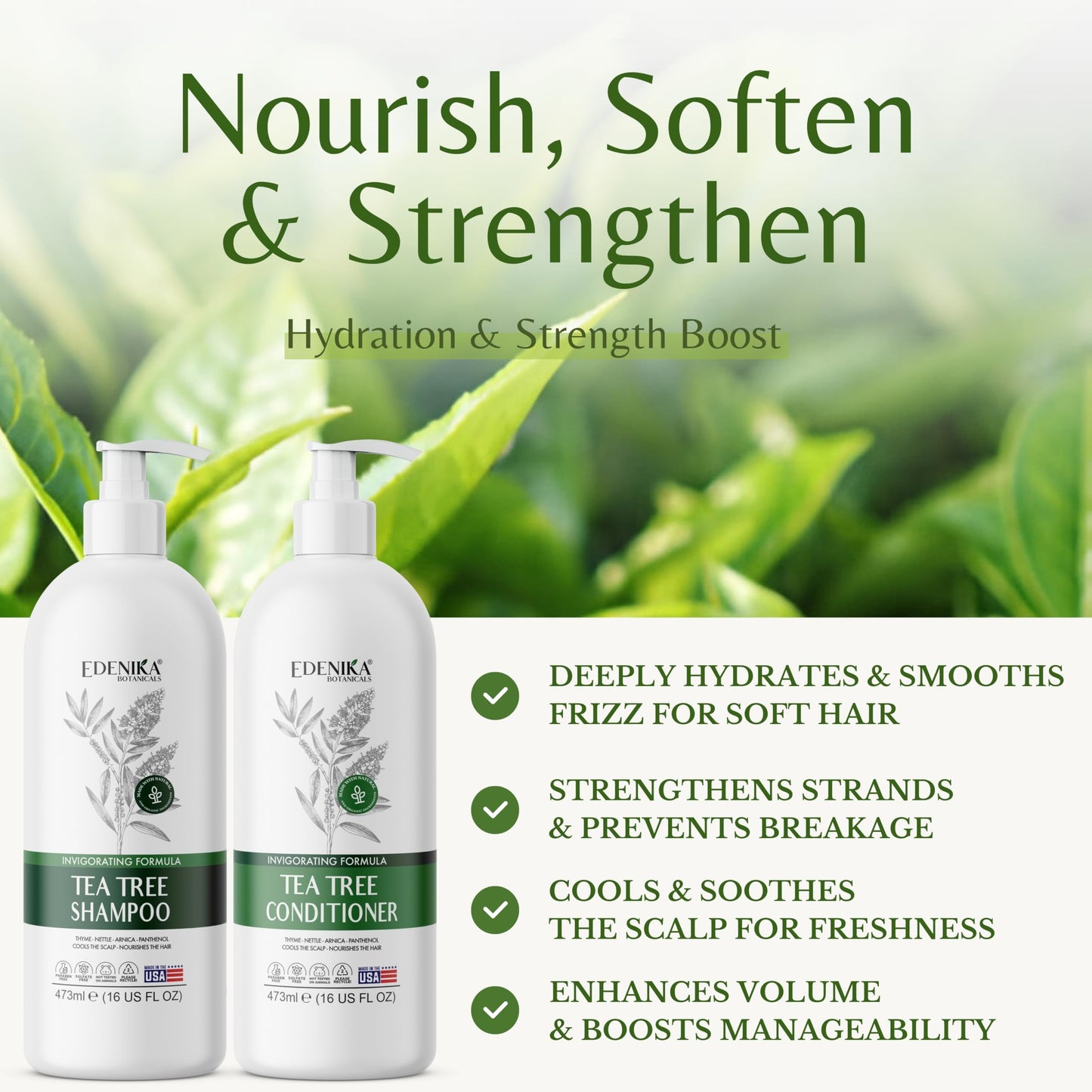 EDENIKA BOTANICALS Tea Tree Shampoo & Conditioner – Soothes Scalp & Deep Cleansing (16 oz each)