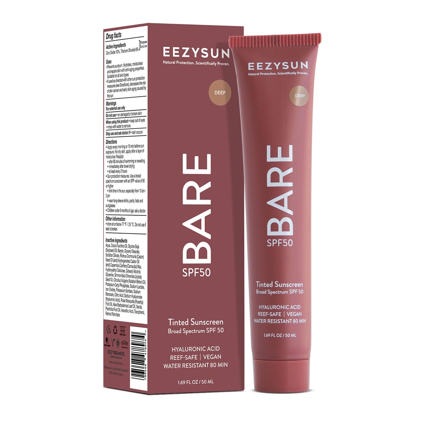 EEZYSUN BARE Tinted Sunscreen SPF 50 – Non-Greasy, Water-Resistant, Vegan & Reef-Safe (Deep)