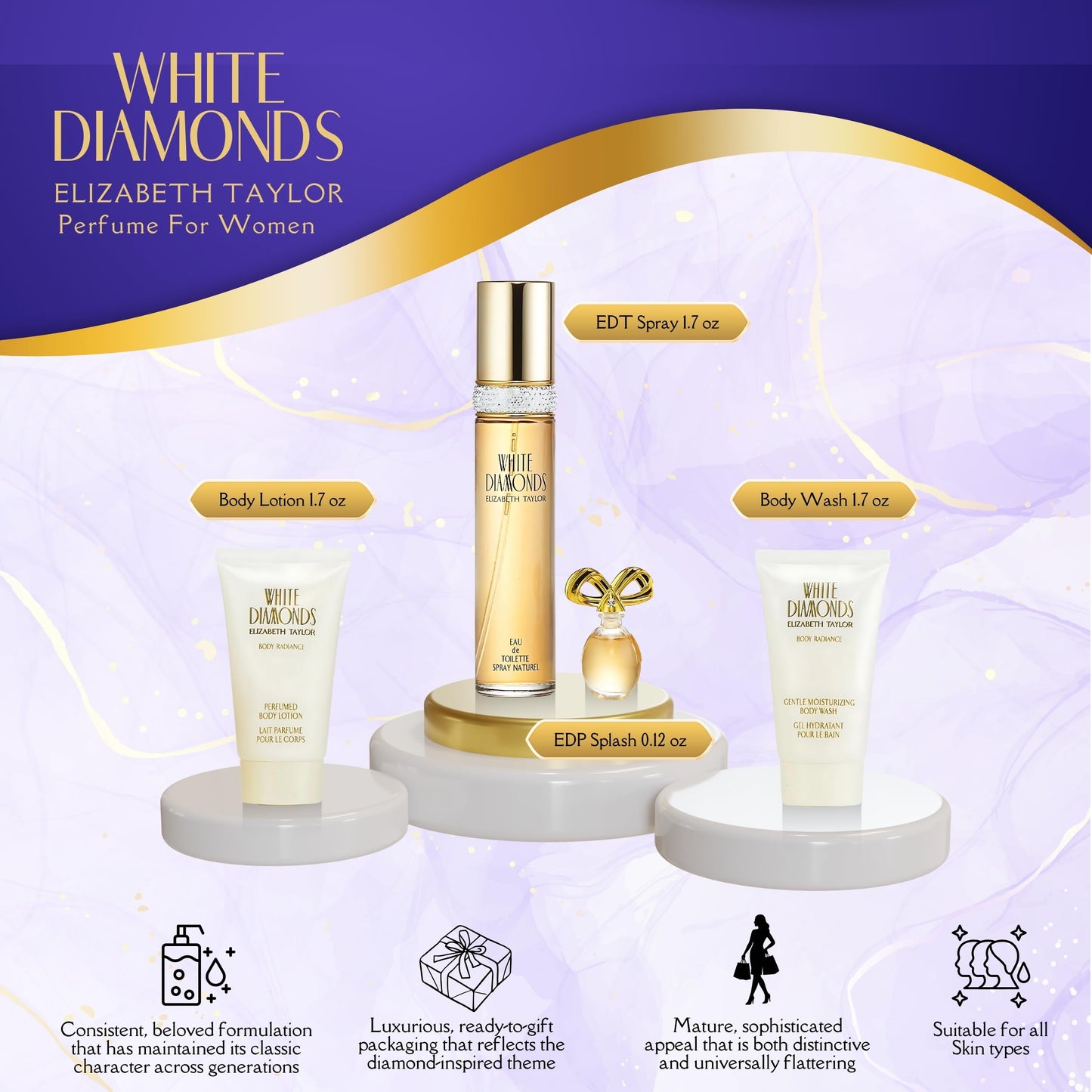 Elizabeth Taylor White Diamonds Gift Set – Spray, Body Lotion, Body Wash & Perfume