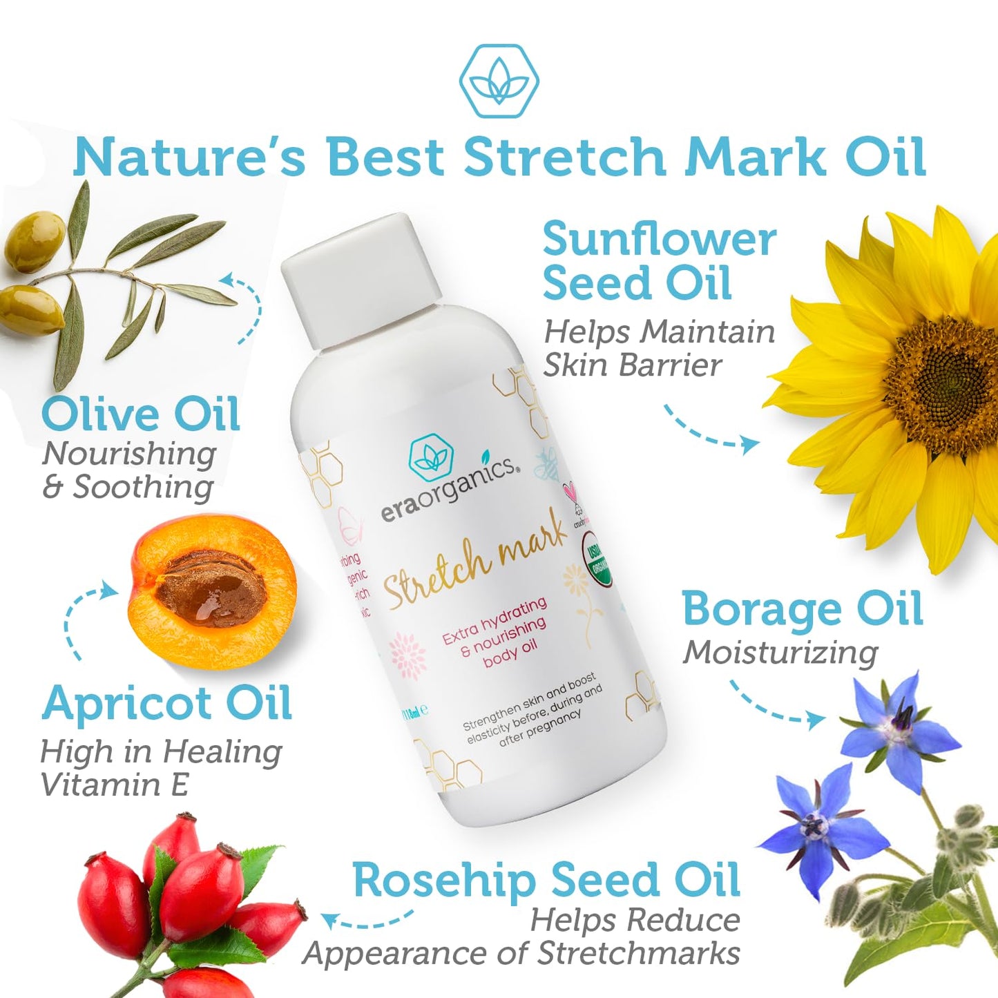 Era Organics Organic Stretch Mark Oil for Pregnancy – Extra Moisturizing Belly Oil & Pregnancy Must Haves