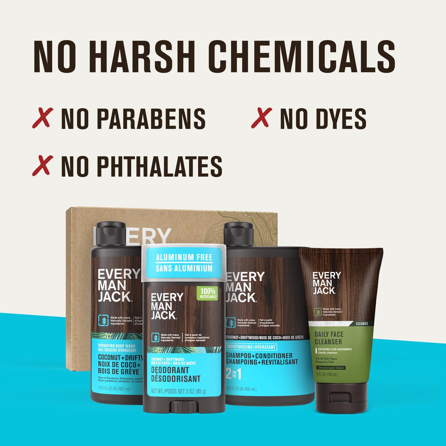 Every Man Jack Gift Set Coconut + Driftwood: Body Wash, 2-in-1 Shampoo, Deodorant & Face Wash
