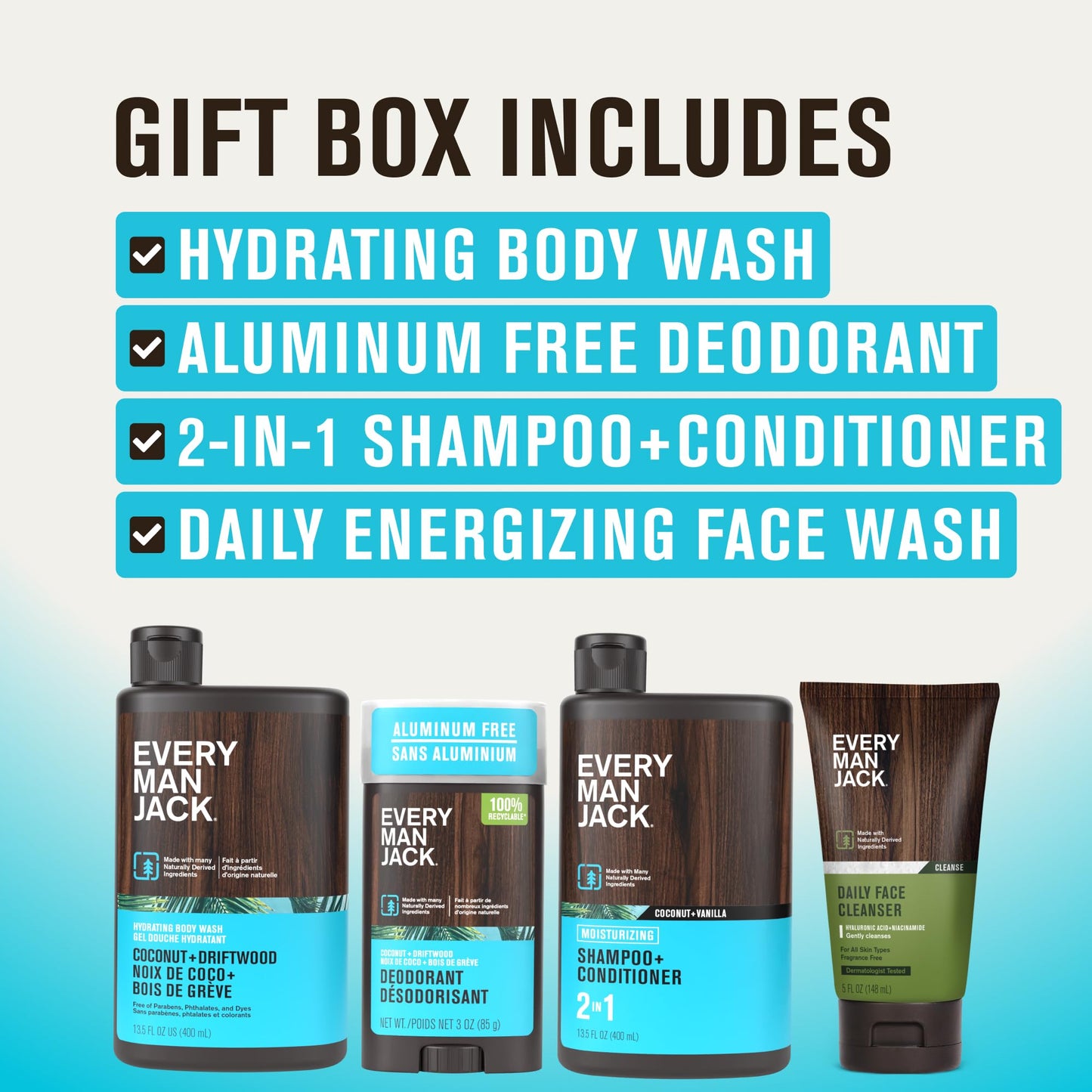 Every Man Jack Gift Set Coconut + Driftwood: Body Wash, 2-in-1 Shampoo, Deodorant & Face Wash