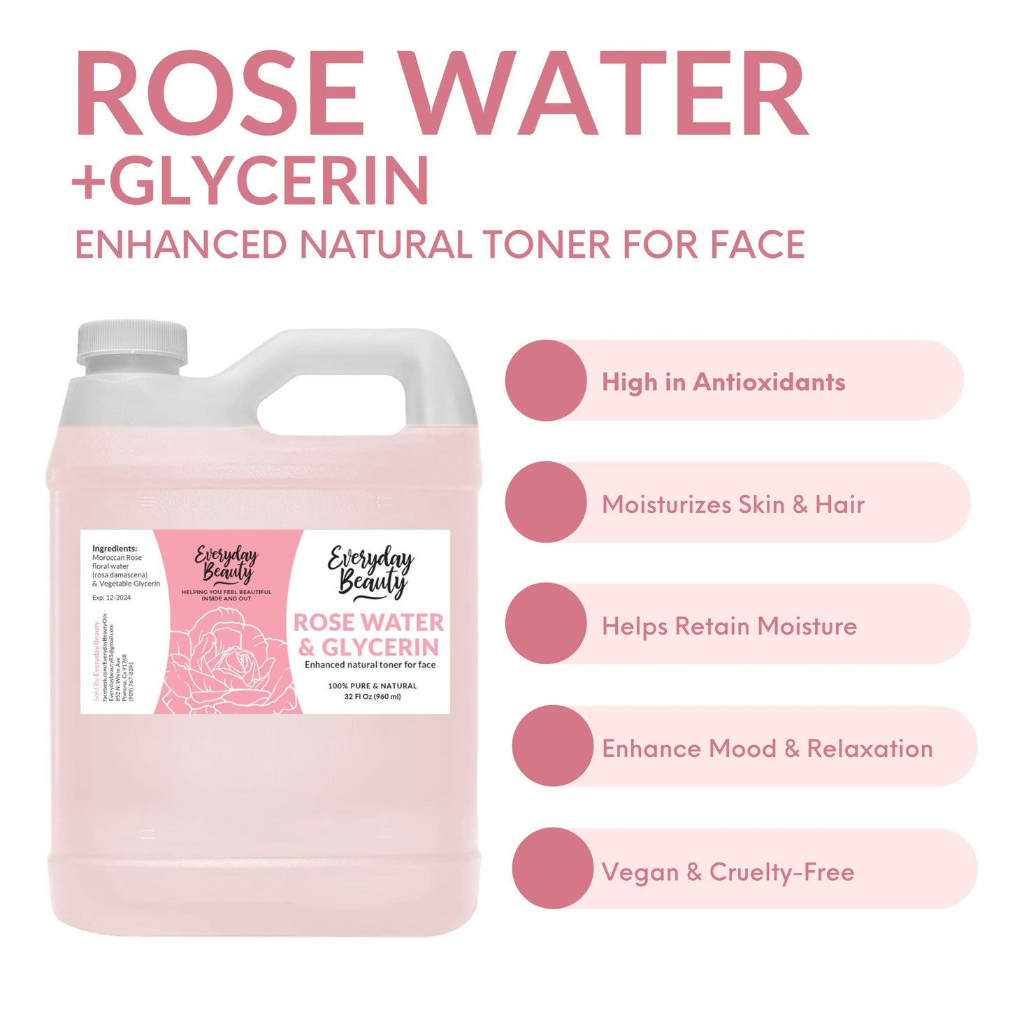 Everyday Beauty Rose Water & Glycerin Toner — 32oz Bulk, Alcohol-Free, Vegan