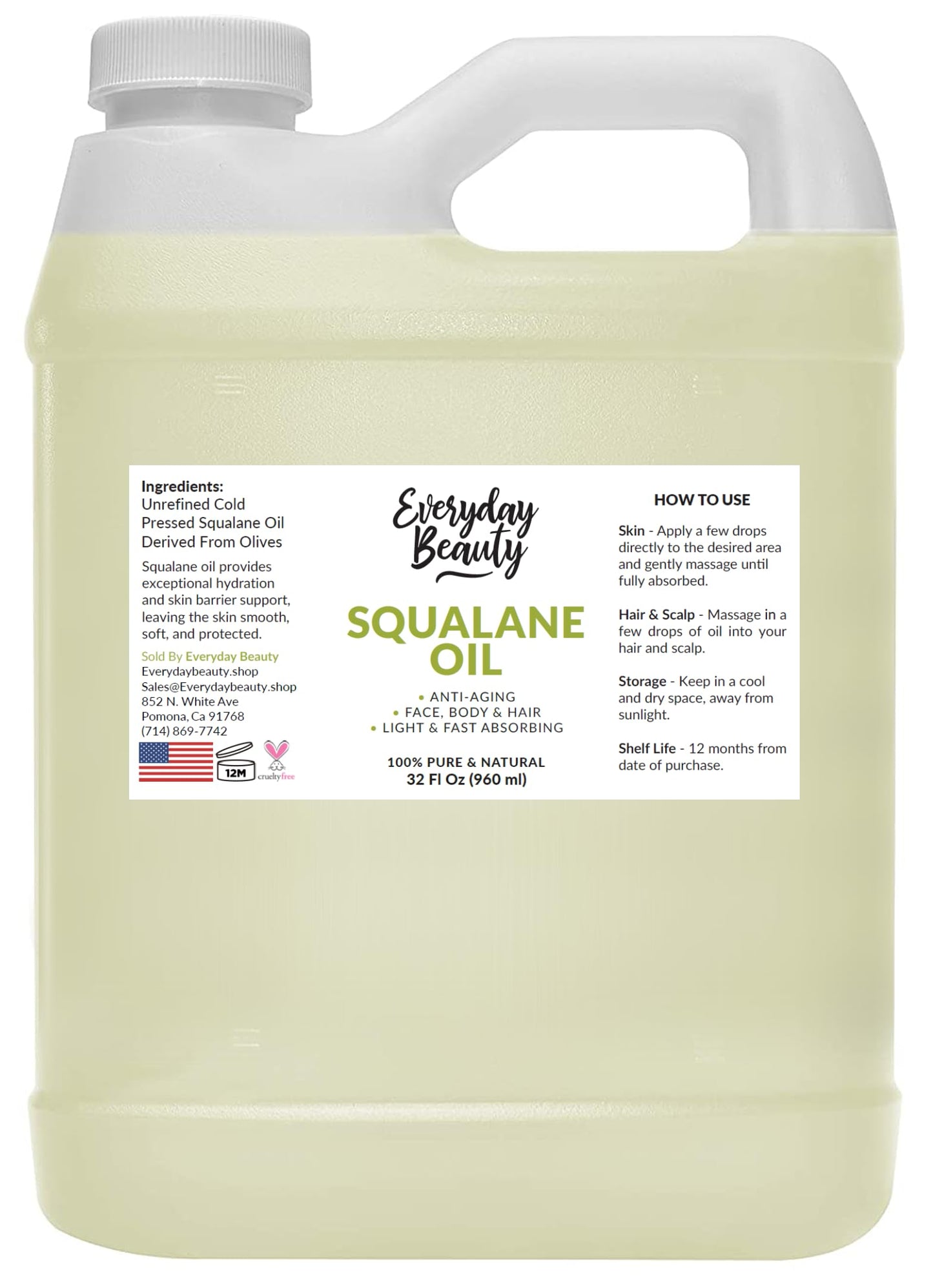 Everyday Beauty Squalane Oil Bulk – 32 oz Pure Olive-Derived Facial & Hair Oil