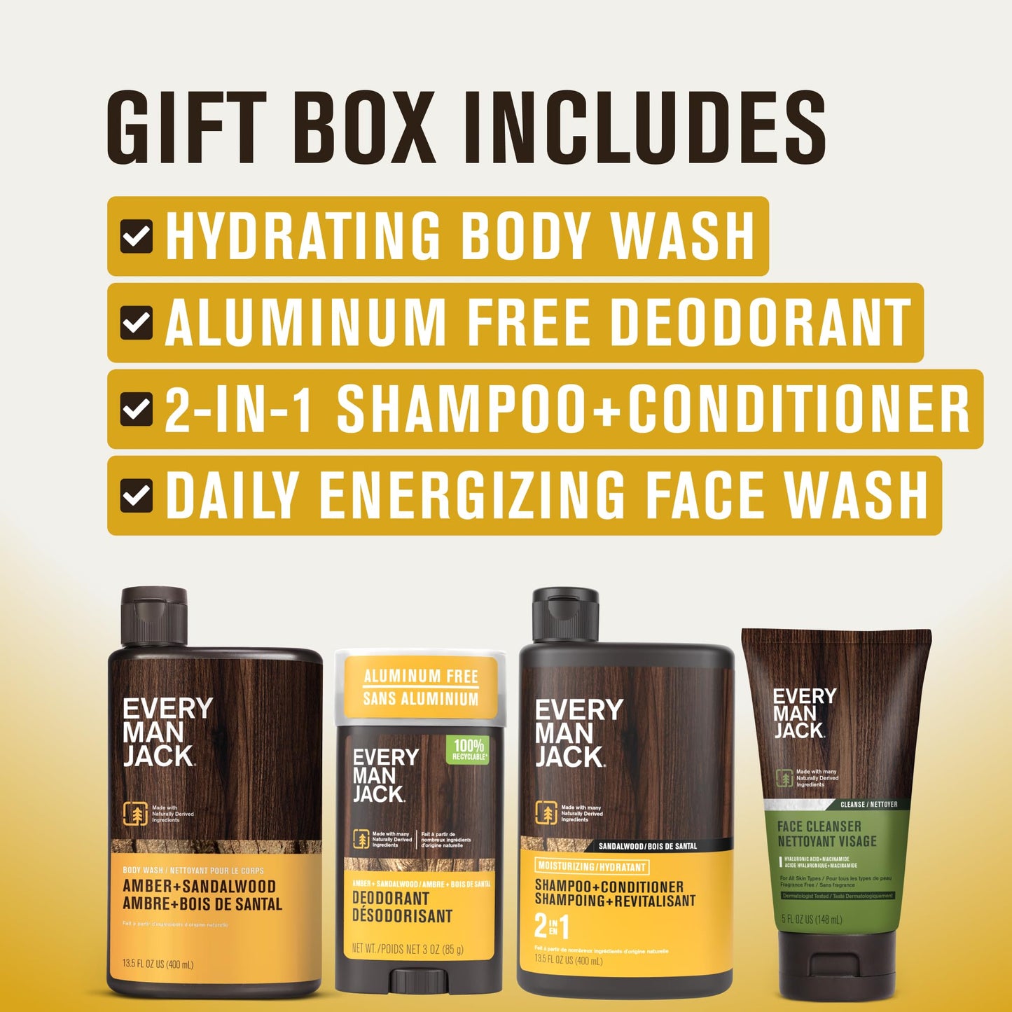 Every Man Jack Men's Bath & Body Gift Set - Amber + Sandalwood | Hydrating Body Wash, 2-in-1 Shampoo, Aluminum-Free Deodorant & Face Wash
