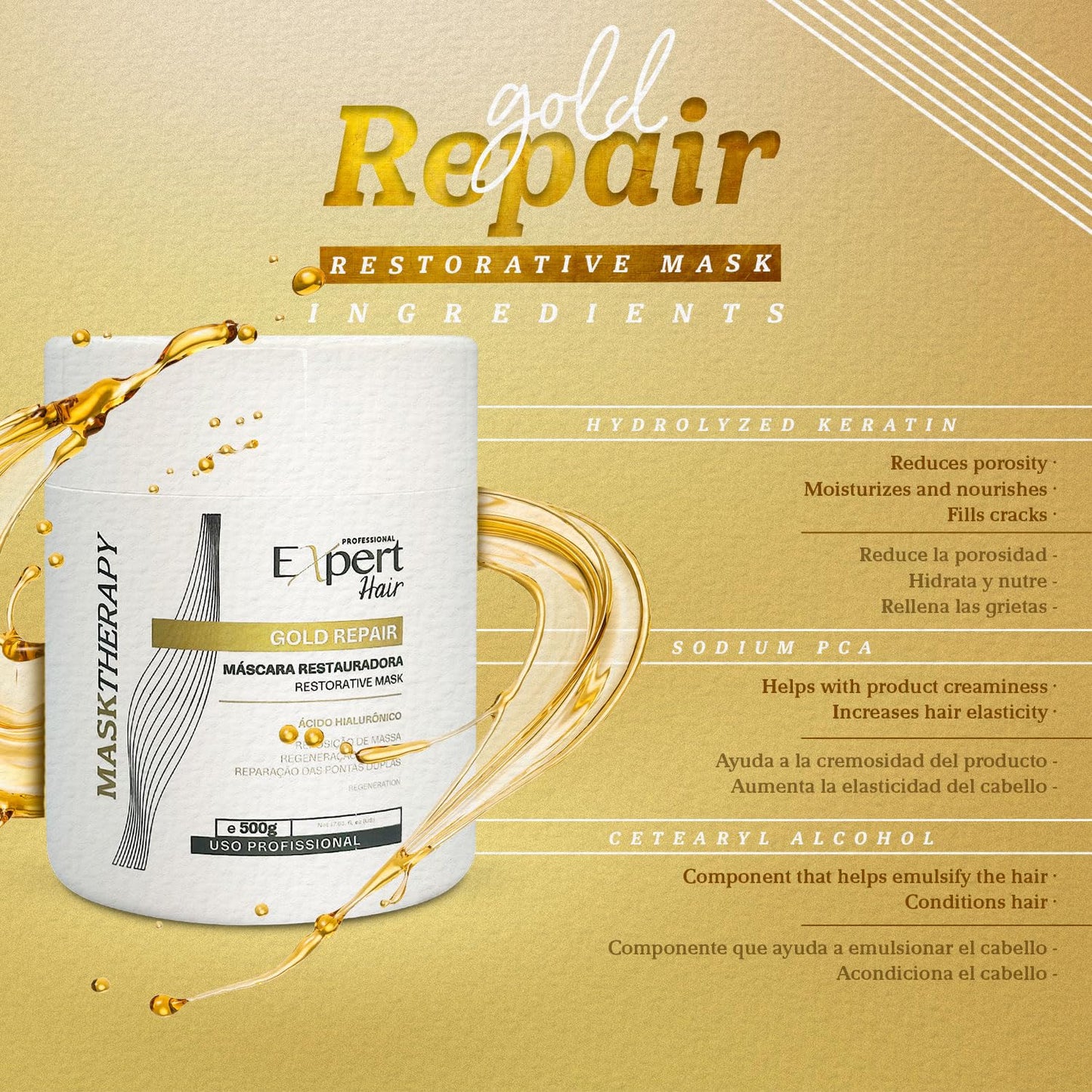 Expert Hair Gold Restorative Hyaluronic Acid Mask — Repair Damaged Hair & Frizz