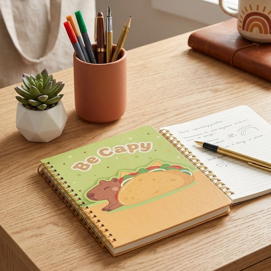 A spiral-bound notebook with a taco illustration and the words 'Be Capy' sits open on a wooden desk, surrounded by stationery, a small succulent, a tote bag, and a mug near a window.