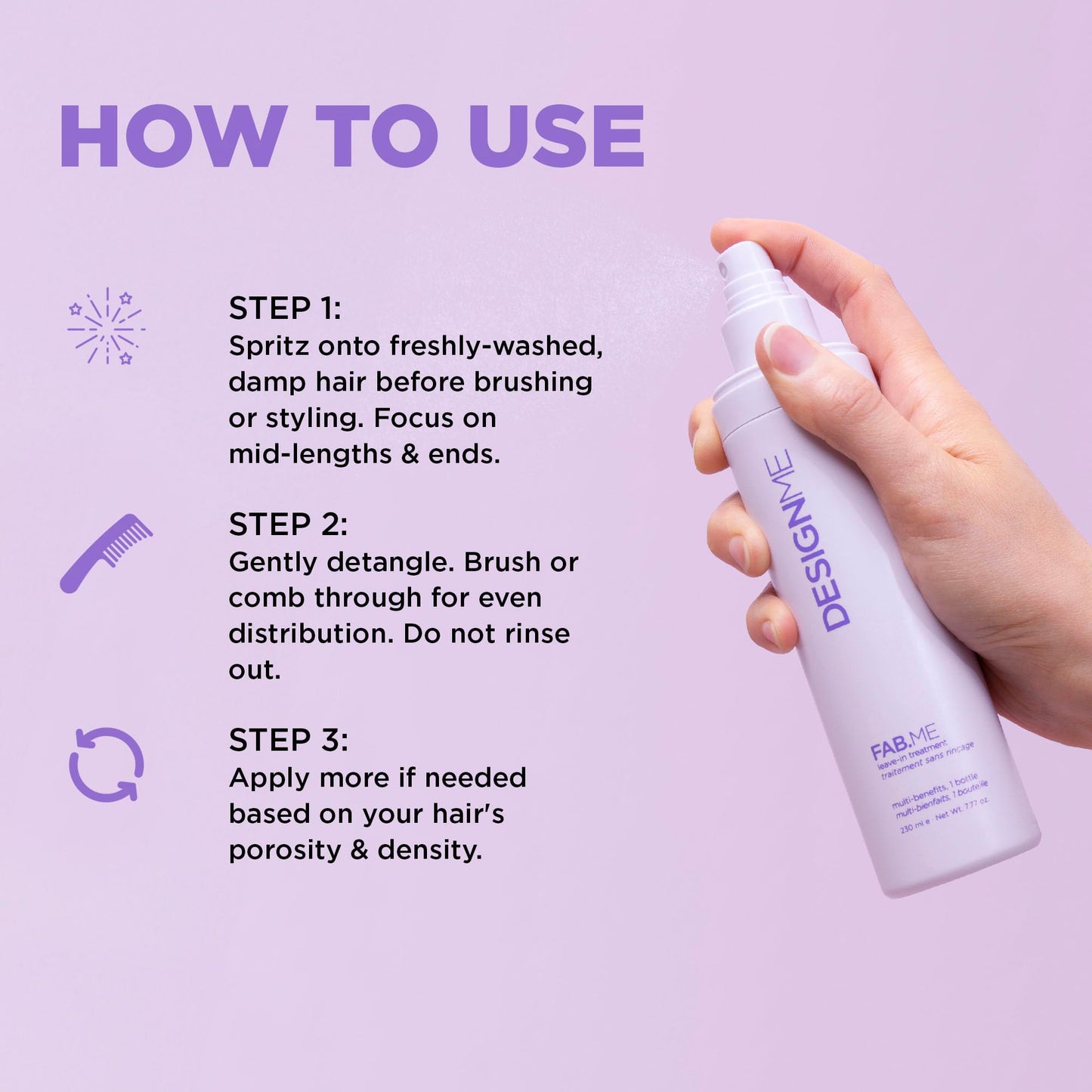 FAB.ME Leave-In Conditioner Spray by Design.Me – Shine, Detangle, Frizz Control, UV & Heat Protection, Color Safe (230 ml)