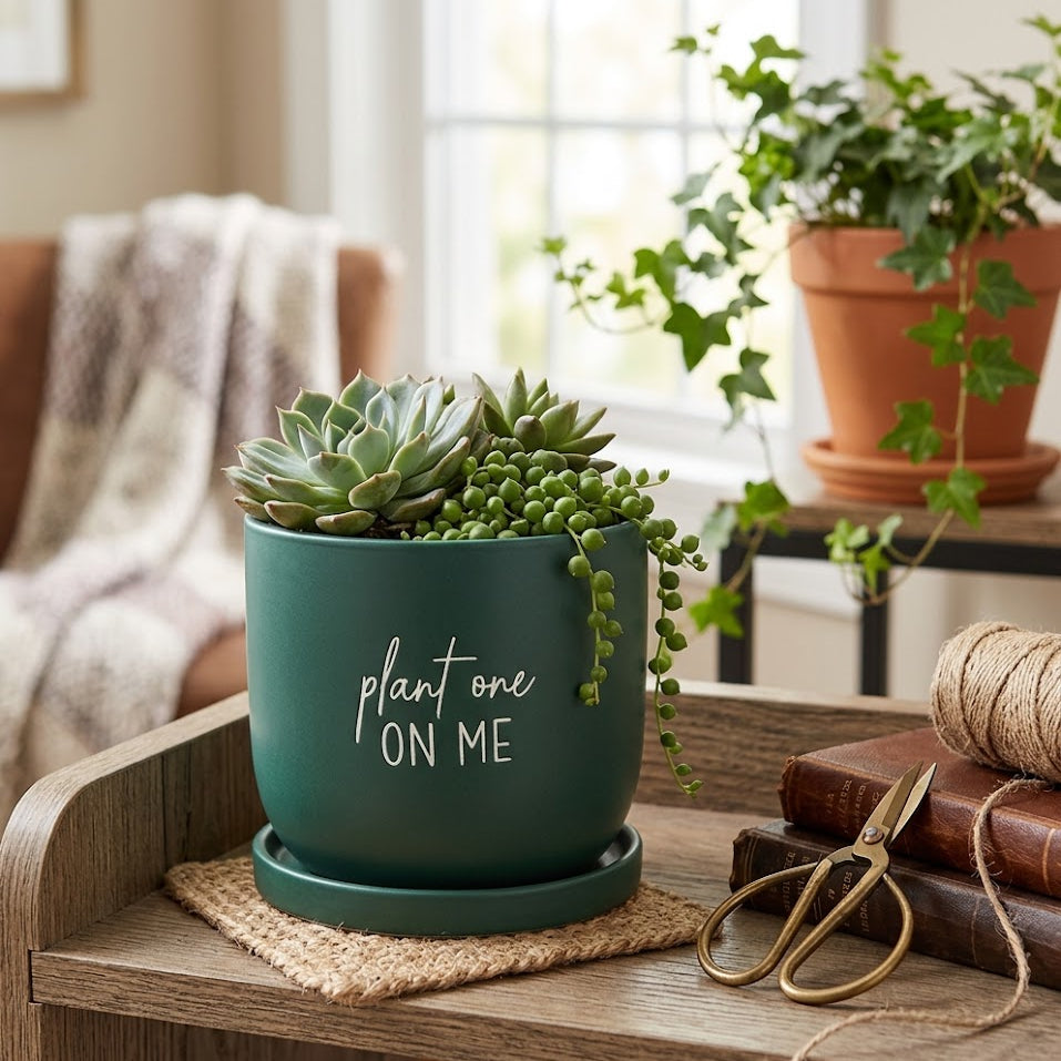 A dark teal-green ceramic planter with succulents and trailing greenery, sitting on a wooden table in a cozy, softly lit room. The planter is printed with the white text 'plant one ON ME'.