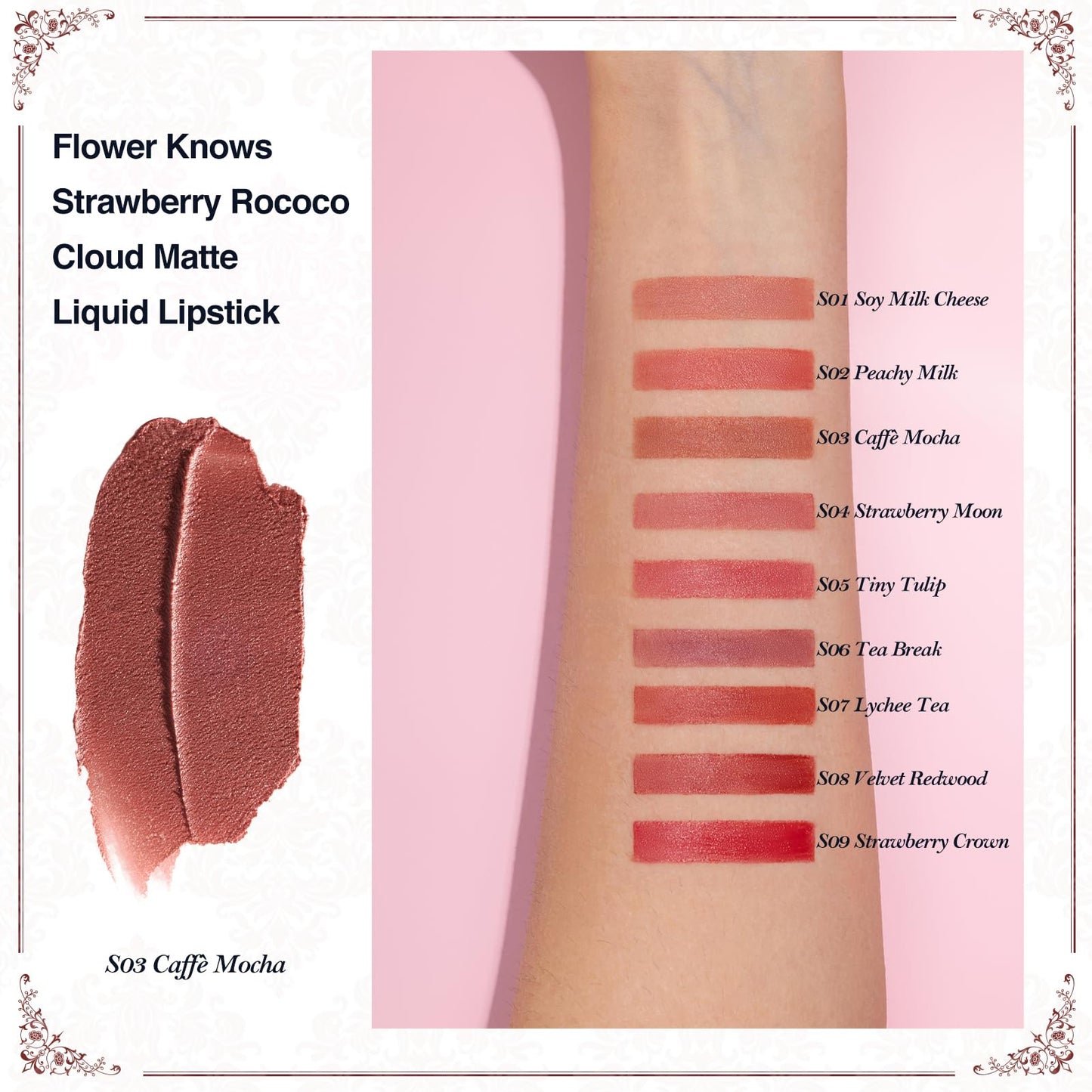 Flower Knows Strawberry Rococo Cloud Lip Cream – S03 Caffè Mocha Matte Lipstick