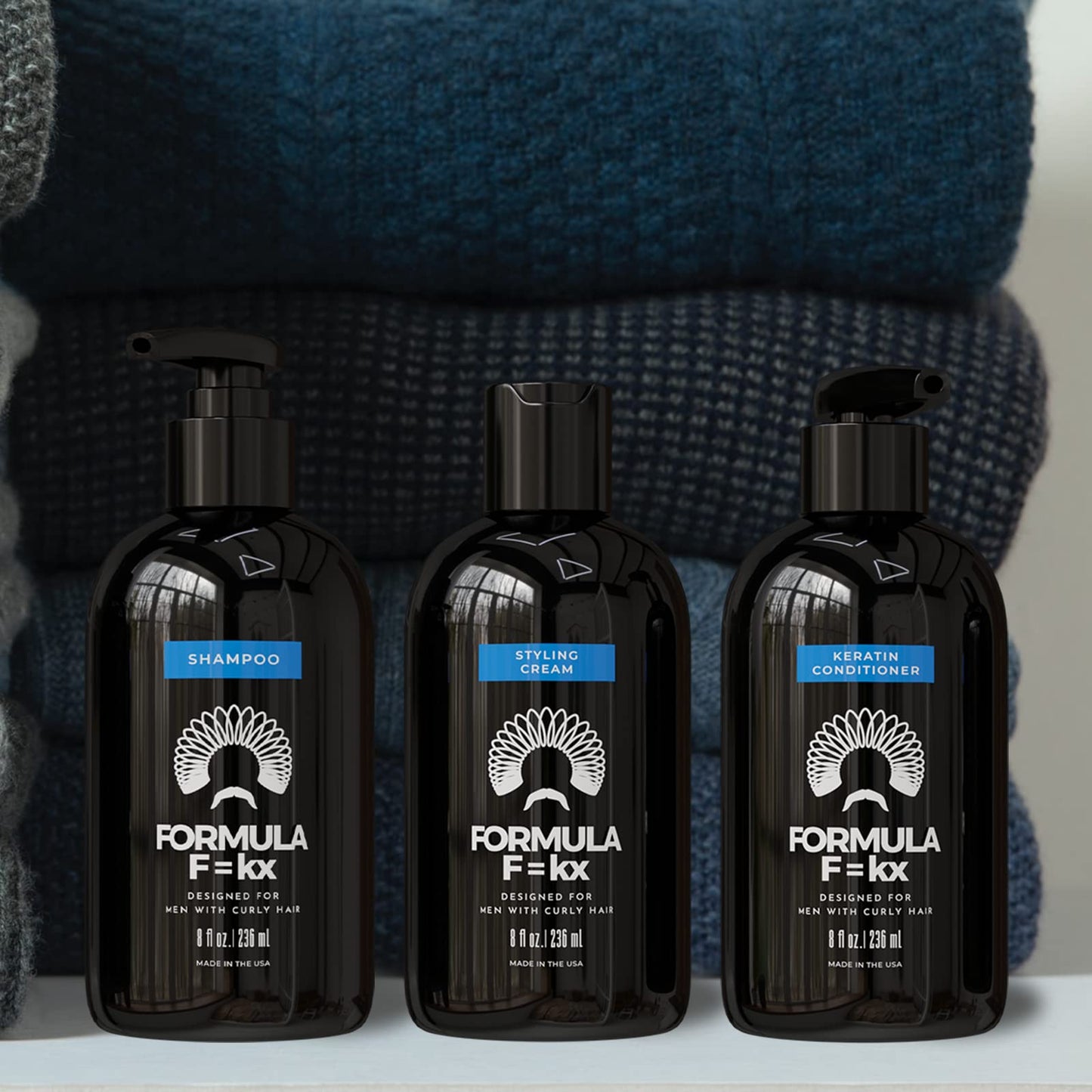 FormulaF=KX Curly & Kinky Hair Care System for Men | Hydrating Shampoo, Conditioner & Curl Cream | Sulfate Free, Ocean Scent, 8oz Each