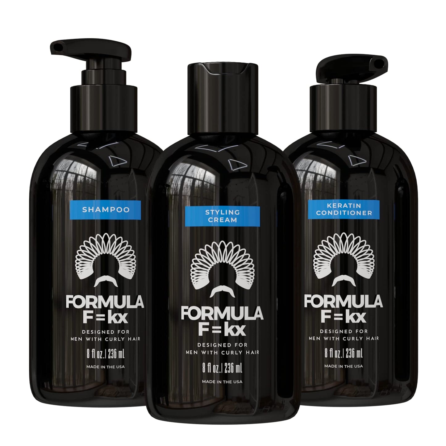 FormulaF=KX Curly & Kinky Hair Care System for Men | Hydrating Shampoo, Conditioner & Curl Cream | Sulfate Free, Ocean Scent, 8oz Each