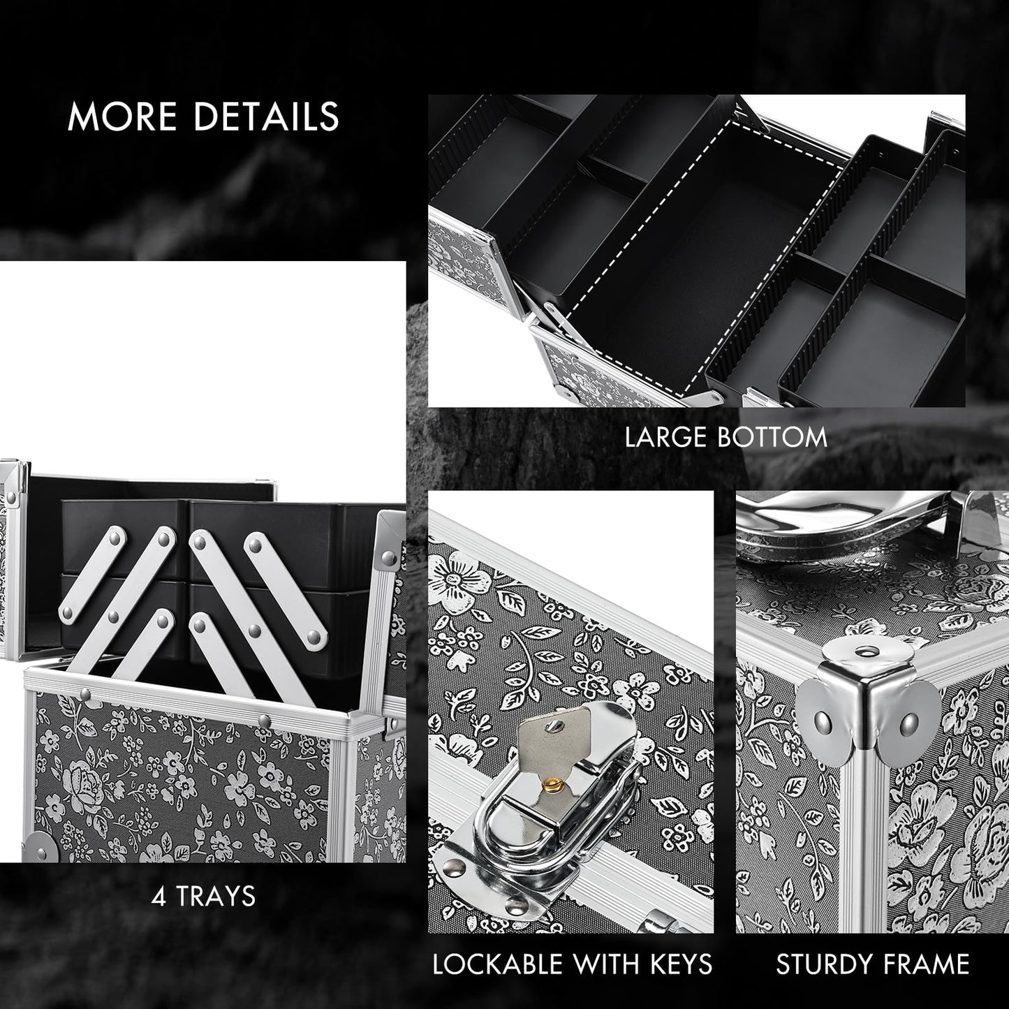FRENESSA Silver Floral Makeup Case – 4-Tier Lockable Train Case for Travel & Home Organization