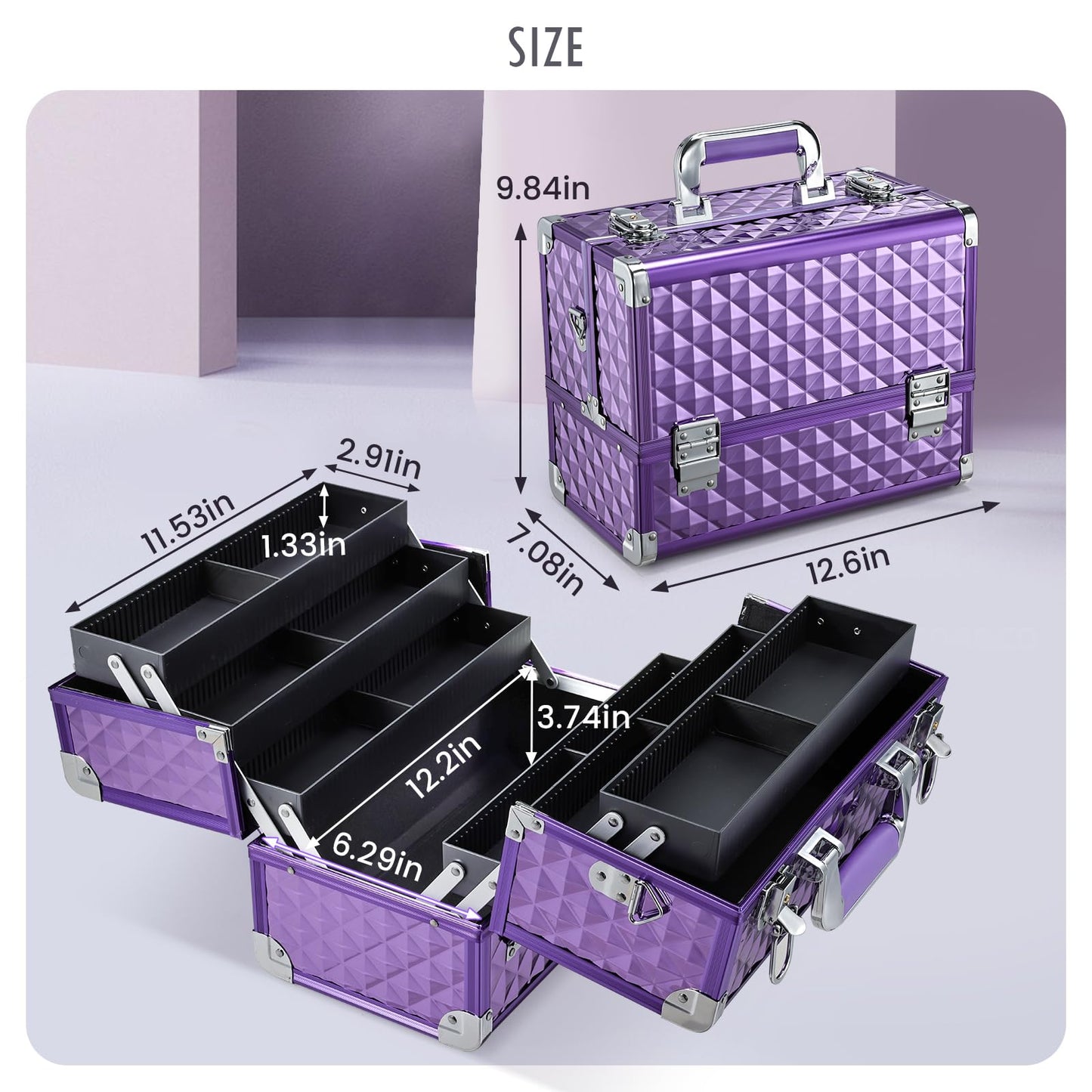 FRENESSA 12.6-Inch Makeup Train Case – 6-Tray Purple Portable Cosmetic Box with Lock & Strap