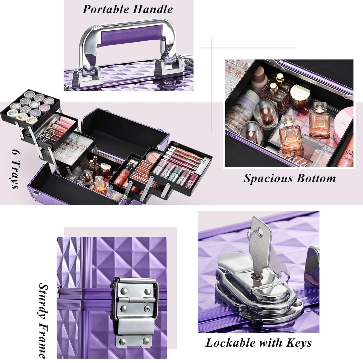 FRENESSA Makeup Train Case 12-Inch | Portable 6-Tier Cosmetic Organizer with Lockable Keys, Purple