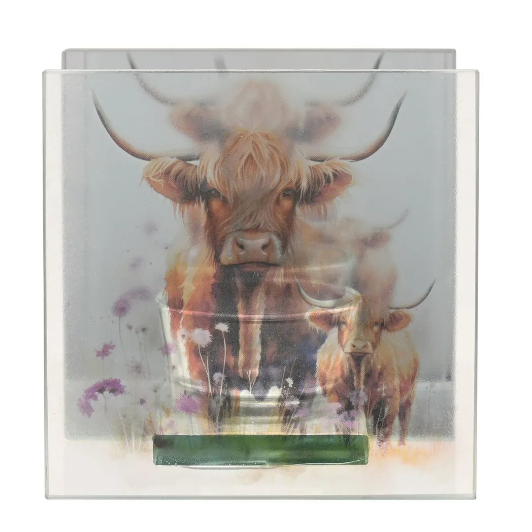 Country Living Highland Cow Glass Tealight Holder