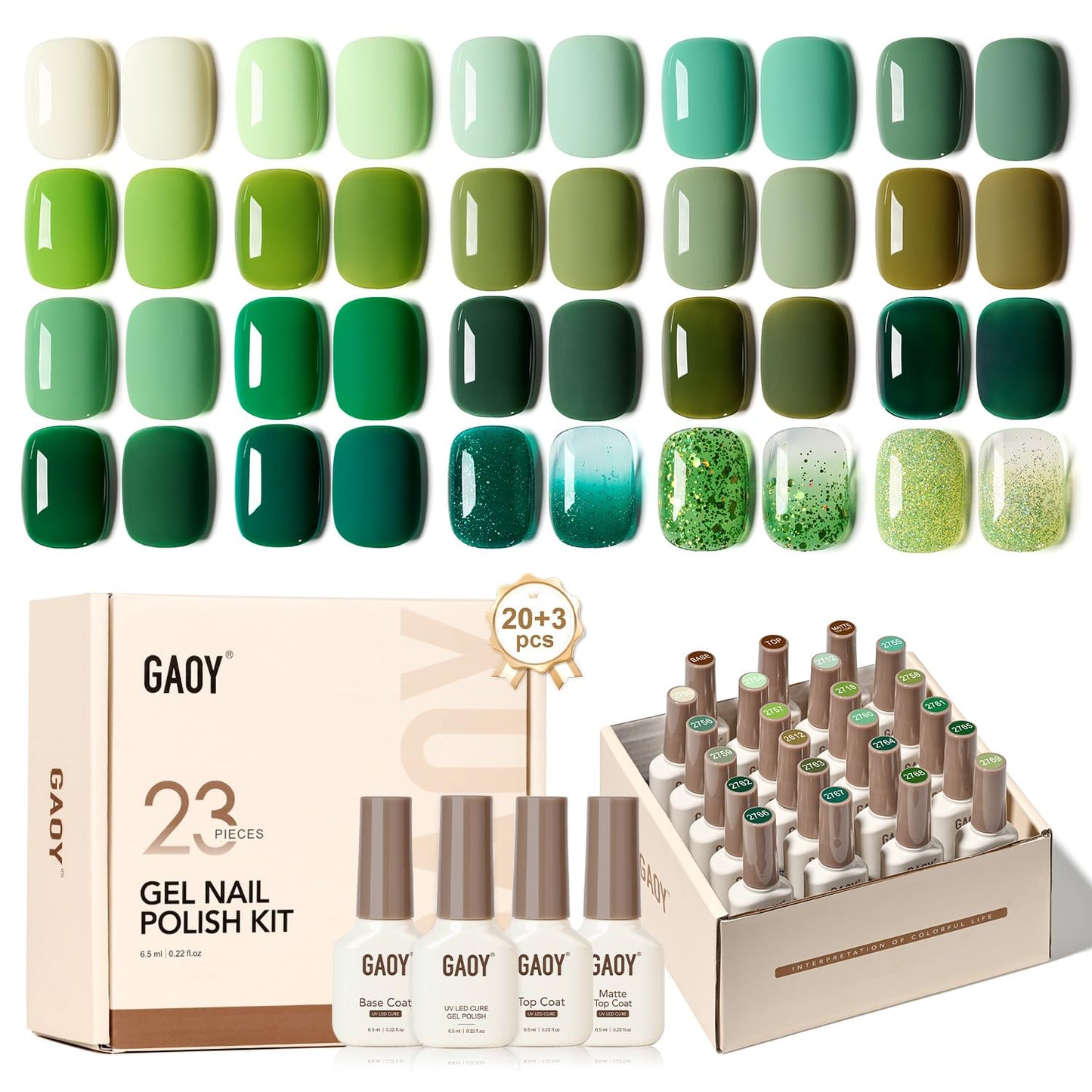 GAOY 23-Piece Gel Polish Kit – Green Glitter Colors, Glossy & Matte Top Coats, Base Coat for At-Home Nail Art