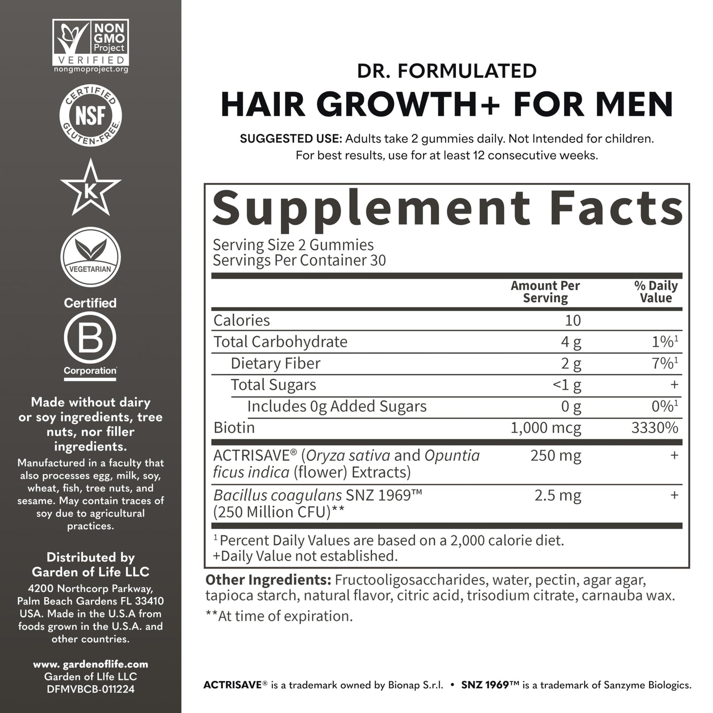 Garden of Life Dr. Formulated Hair Growth Gummies for Men – Berry Flavor, 60 Count