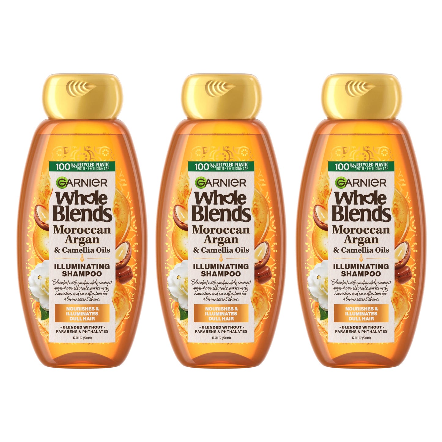 Garnier Whole Blends Argan & Camellia Illuminating Shampoo for Silky Shine – 12.5 fl oz, 3-Pack (Packaging May Vary)