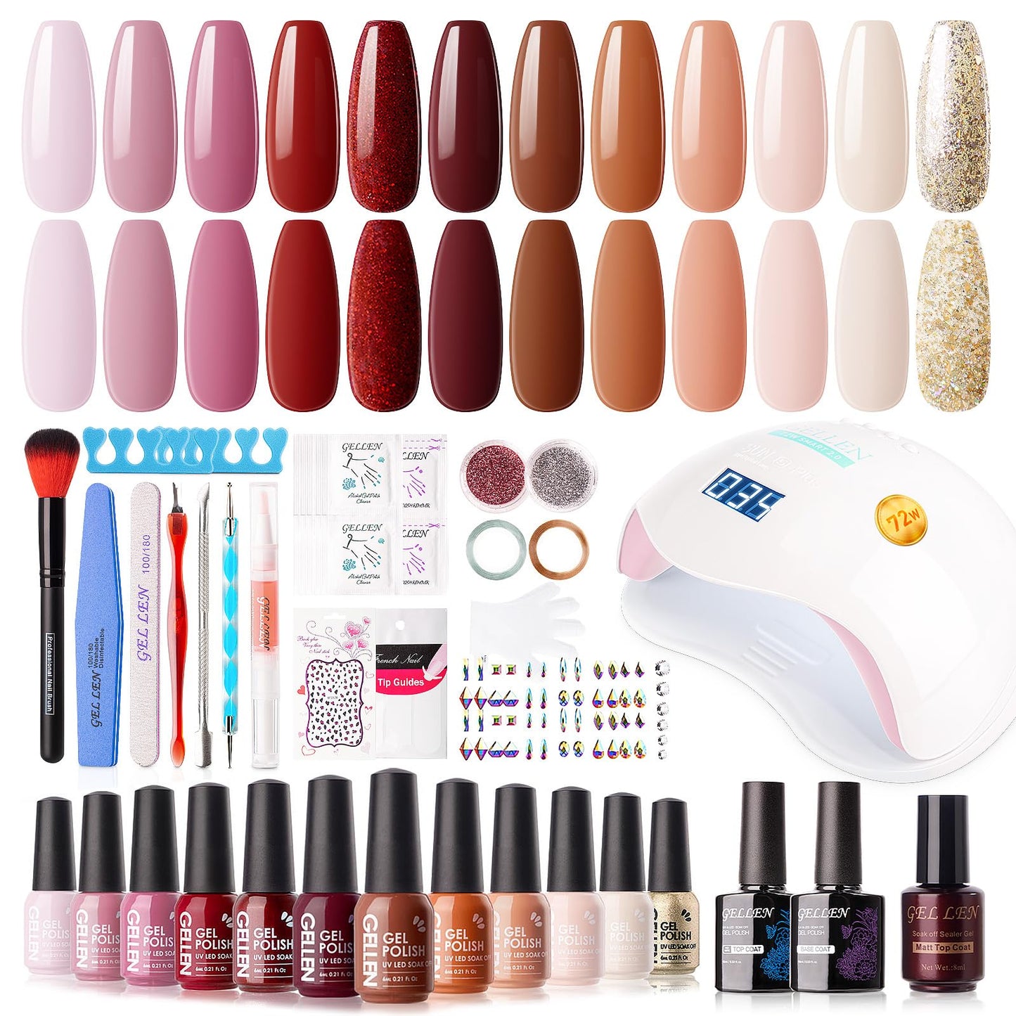 GELLEN Gel Nail Polish Kit with 72W LED Lamp – 12 Fall/Winter Shades, Base & Top Coats, Nail Art & Tools