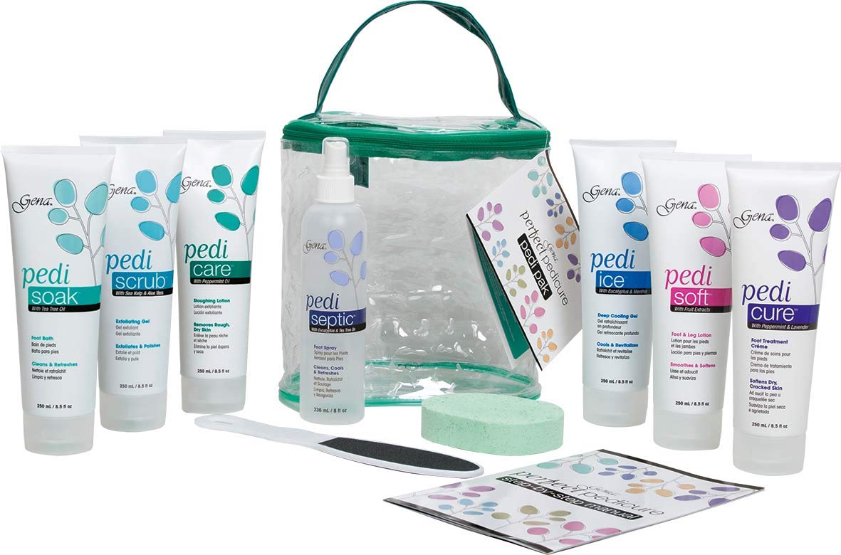 Gena Pedi Pak Intro Kit – 7-Piece At-Home Pedicure Set with Soak, Scrub, Pumice Stone & Tote