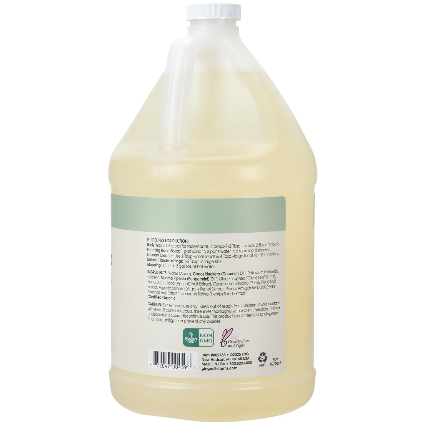 Ginger Lily Farms Pure Castile Soap Refill – Peppermint, 1 Gallon