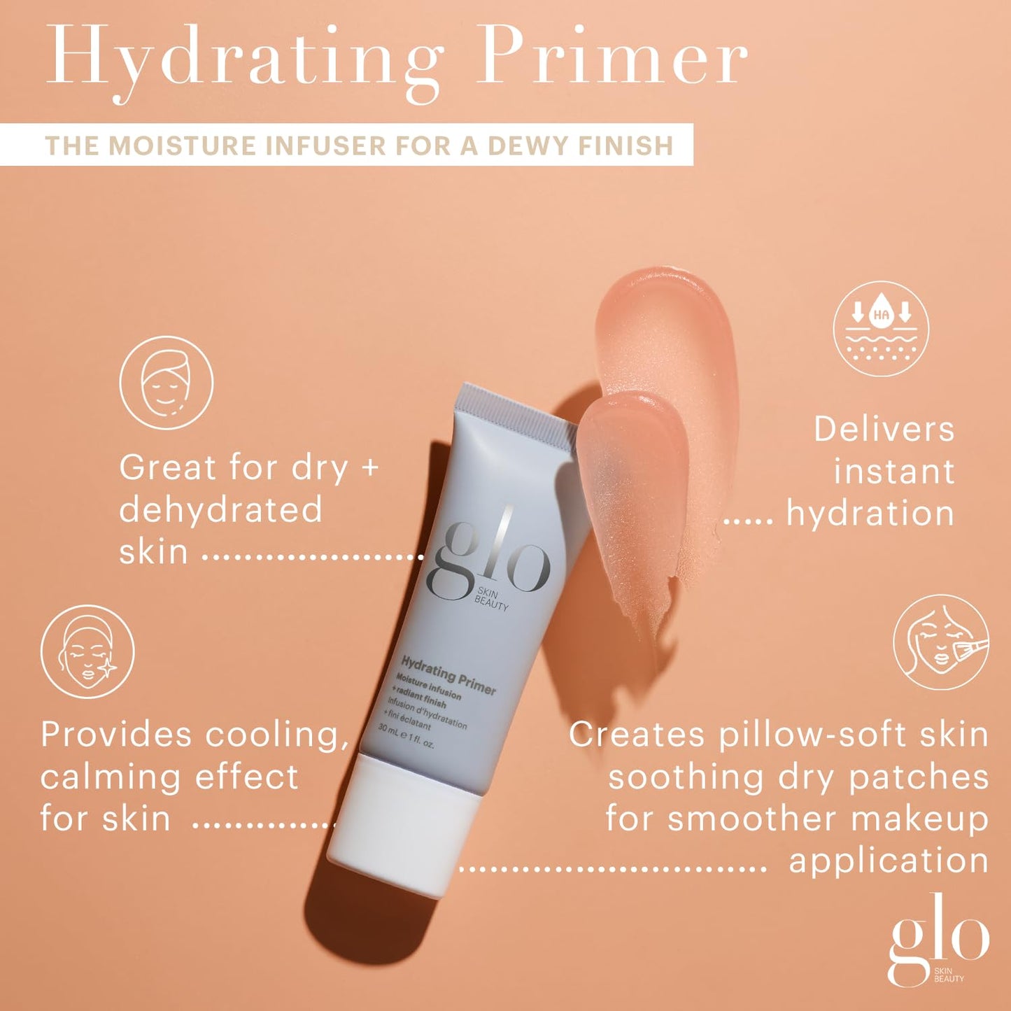 Glo Skin Beauty Hydrating Primer with Hyaluronic Acid | Dewy Finish for Dry Skin