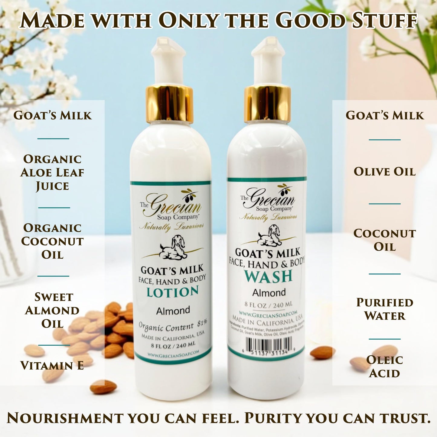 Goat Milk Lotion & Body Wash Set – Almond Scent, 8oz Each | The Grecian Soap Company