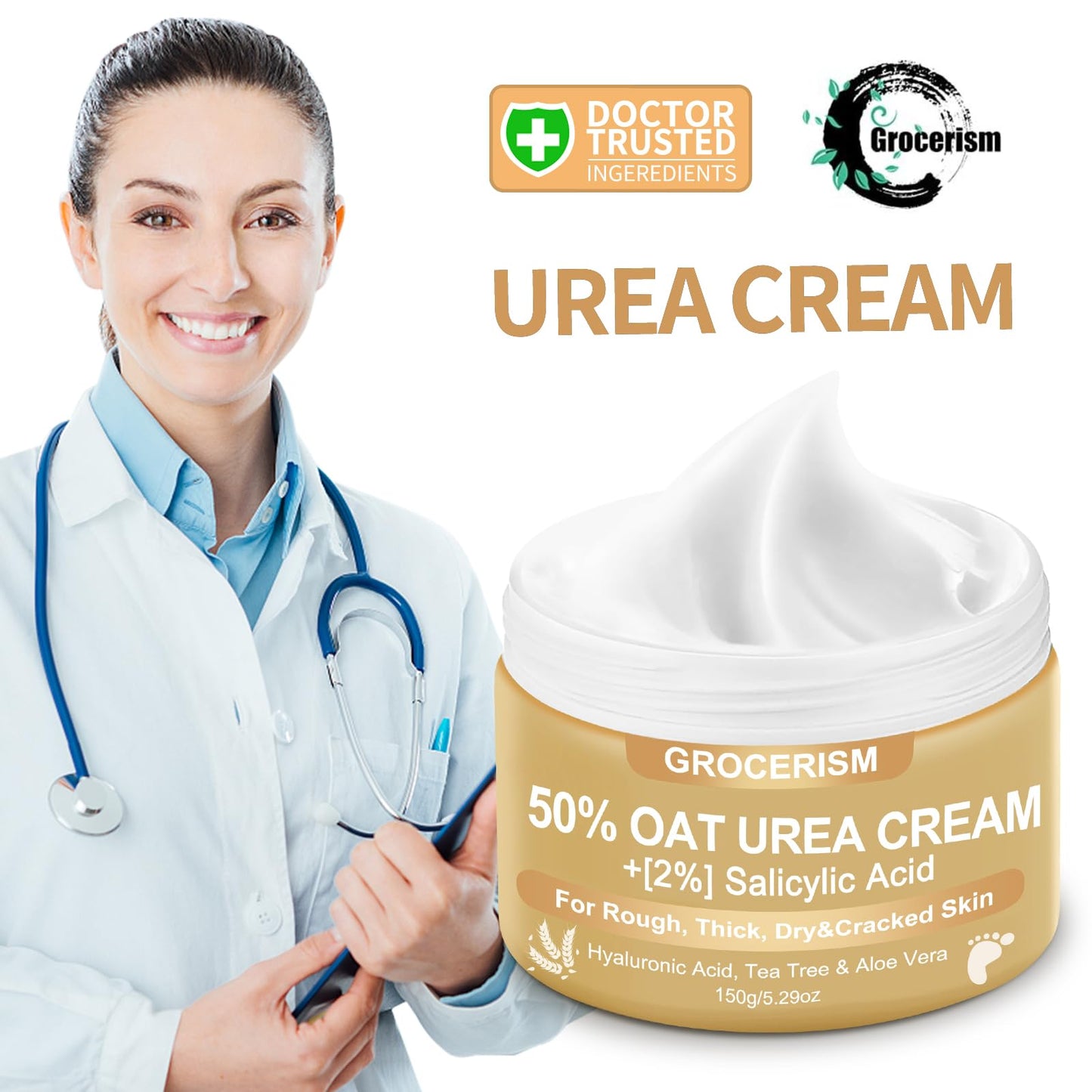 Grocerism Urea Cream 50% for Feet – 5.29 oz Two-Pack with Oat & 2% Salicylic Acid