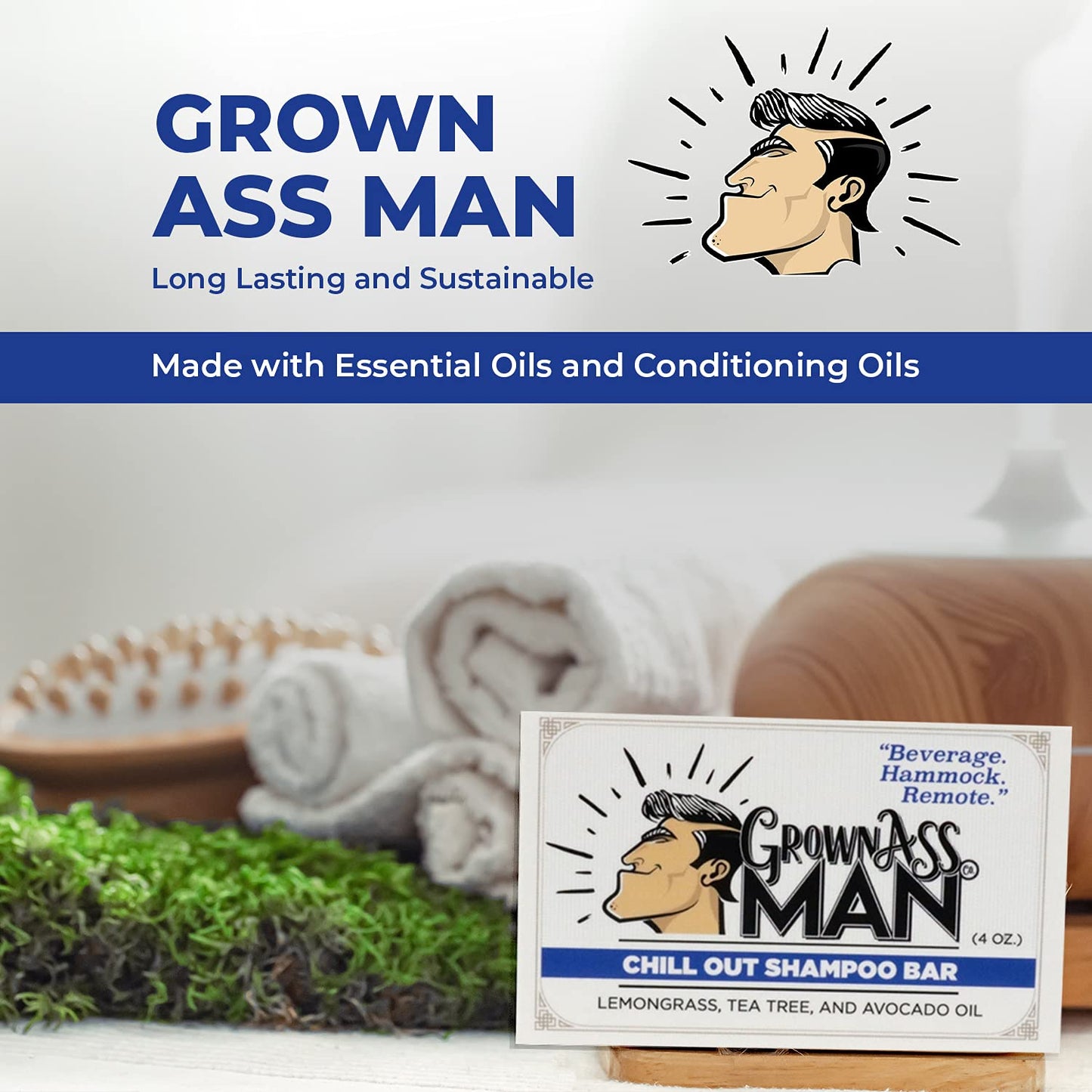 Grown Ass Man Co. Solid Shampoo Bar 3-in-1 – Hair, Beard & Body (4oz) | Plastic Free, Chill Out 6-Pack