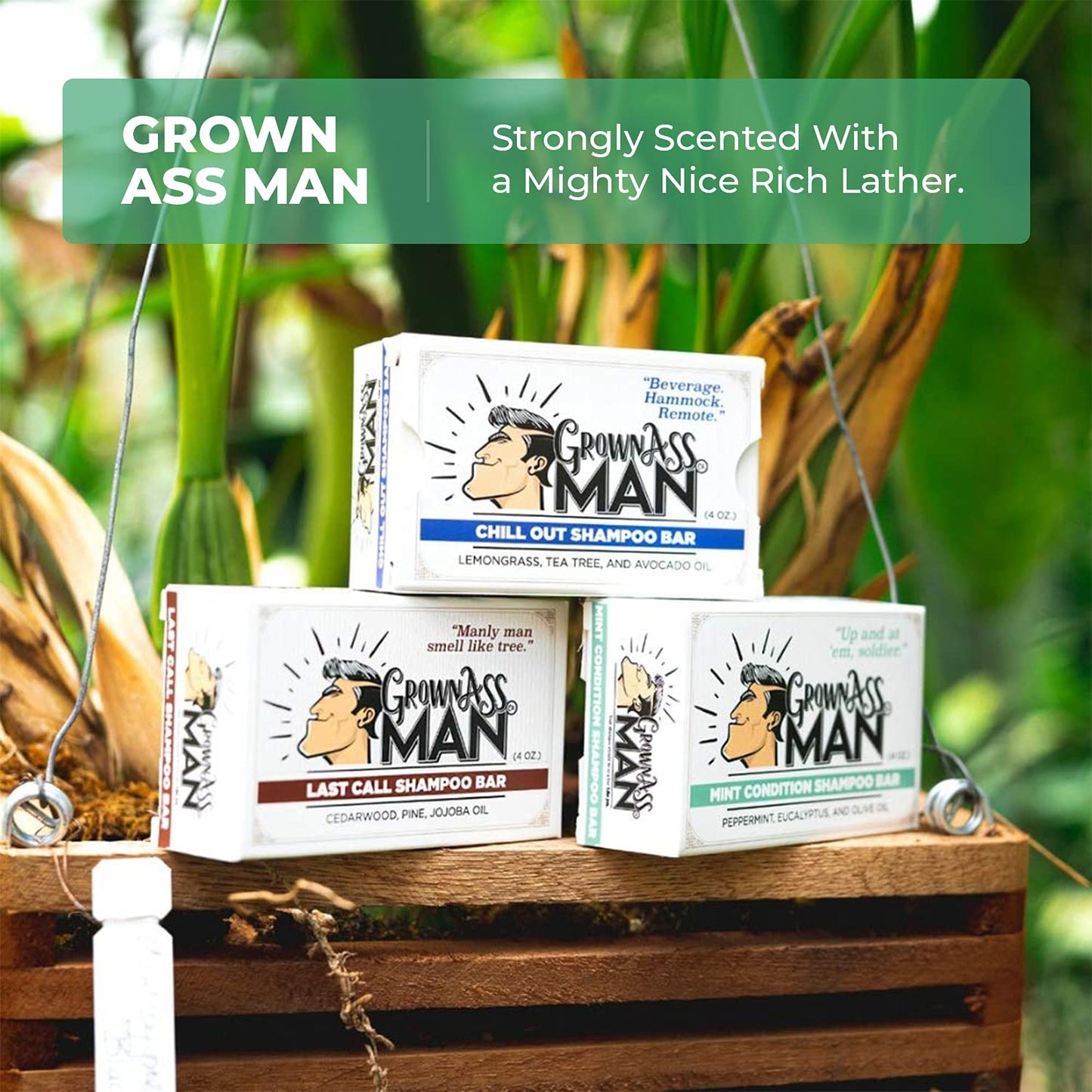 Grown Ass Man Co. Solid Shampoo Bar 3 in 1 – Hair, Beard & Body Wash (4oz) | Plastic Free, 6-Pack Variety