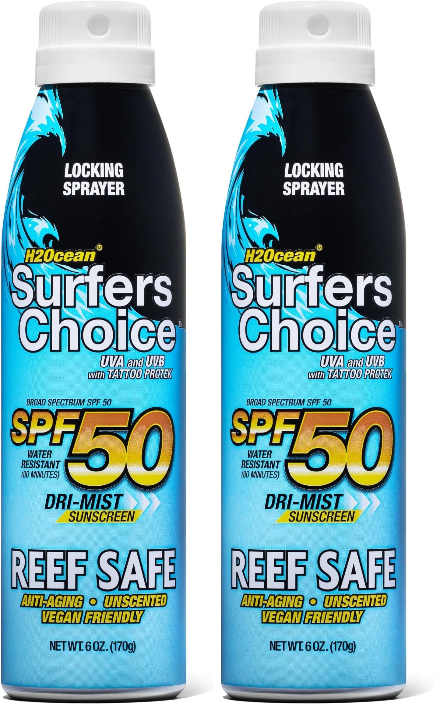 H2Ocean Surfers Choice SPF 50 Spray – 2 Pack, Reef-Safe Quick-Dry Sunscreen for Tattoos & All Ages