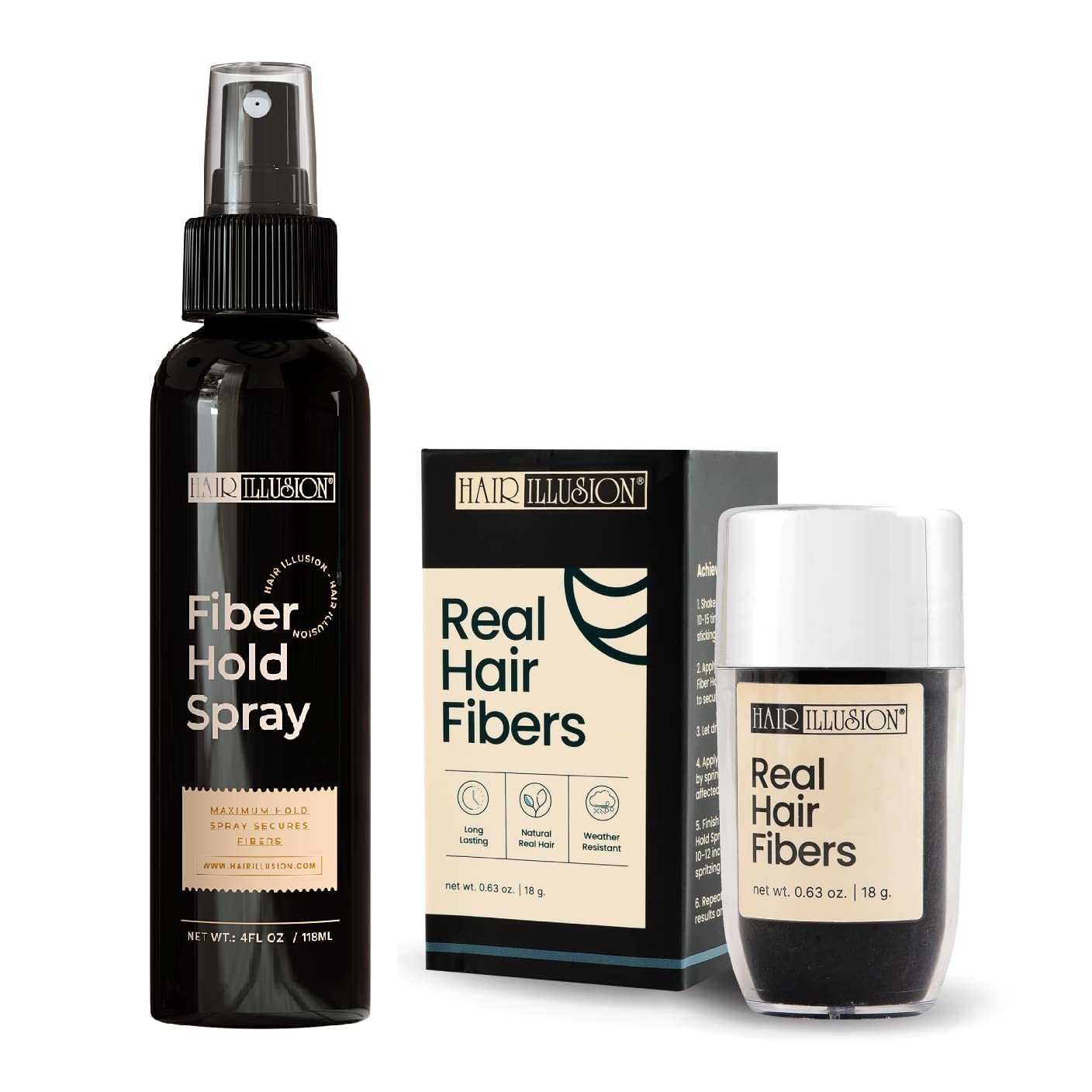 Hair Illusion Dark Brown Real Hair Fibers + Fiber Hold On Spray Bundle – 100% Natural, Non-Synthetic Thickening