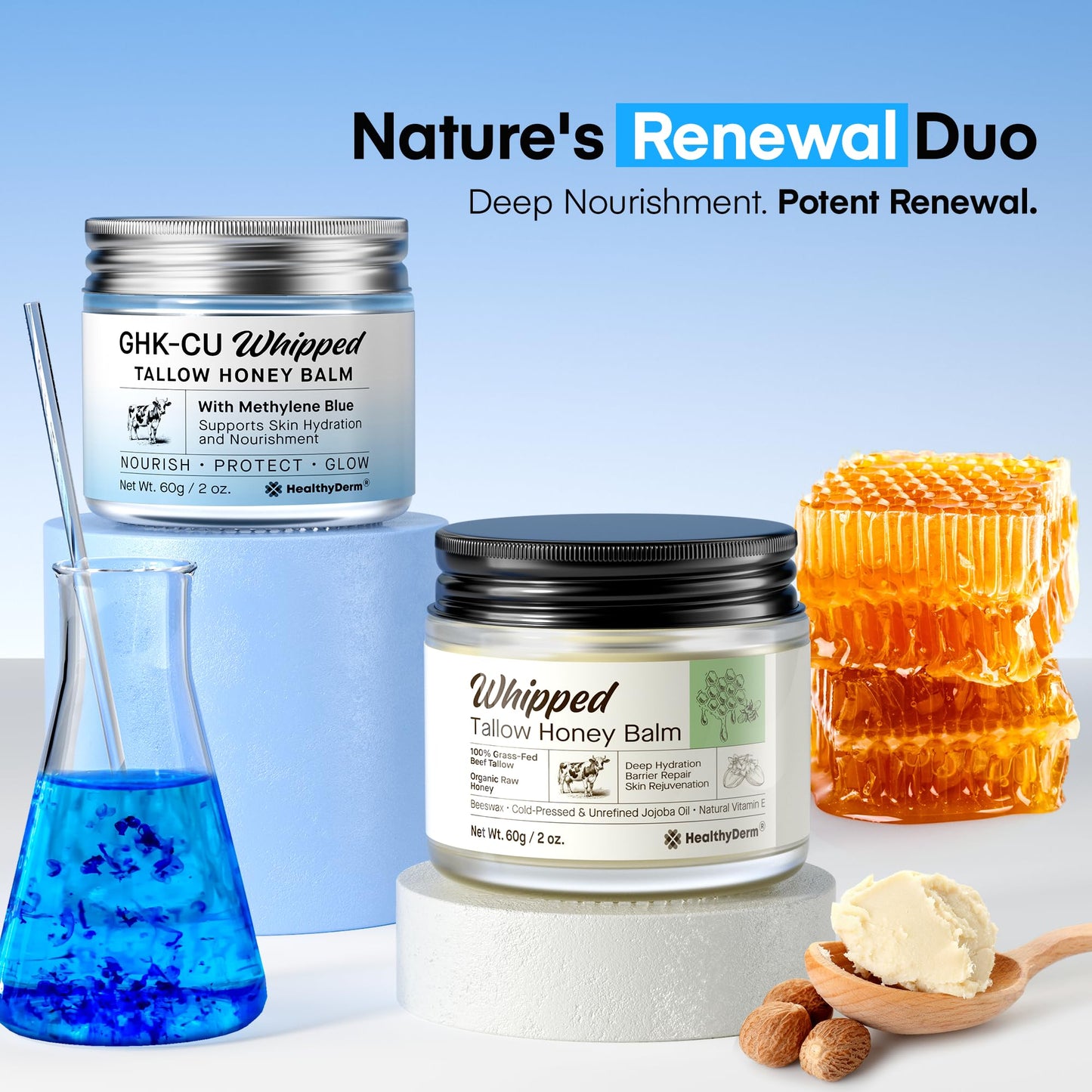 HealthyDerm Beef Tallow Balm Duo – Copper Peptide Blue Balm & Honey Tallow Moisturizer