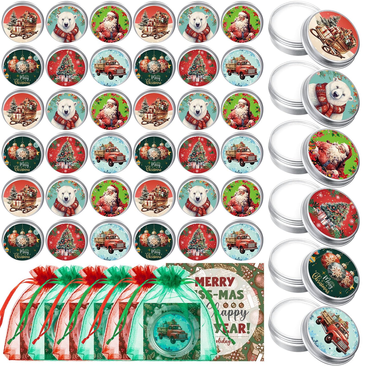 Heigble 48-Count Christmas Lip Balm Set | Honey Scented Tin Can Lip Care & Festive Gift Favors