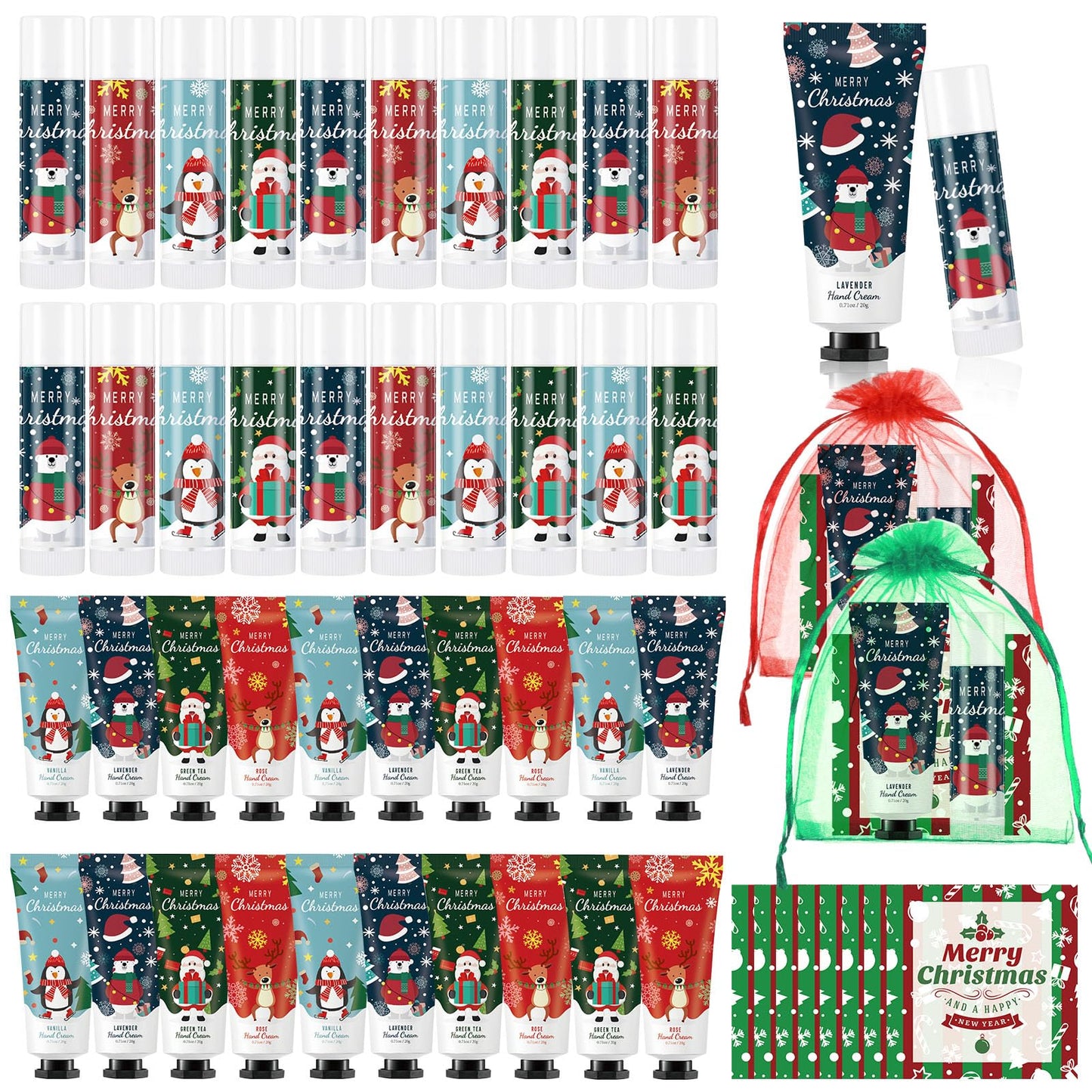 Heigble 24-Set Christmas Hand Cream Gift Set | Moisturizing Lotion, Lip Balm, Gauze Bags & Thank You Cards