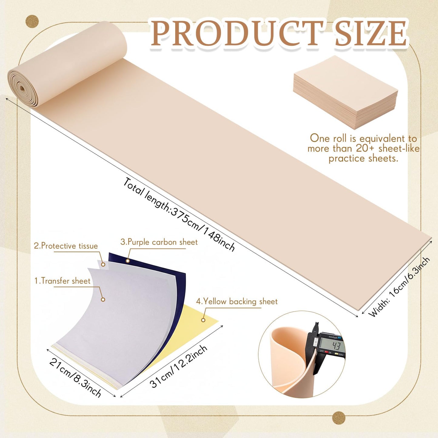 Heigble 148 x 6.3 Inch Rolled 3mm Tattoo Practice Skin Kit – Double-Sided, Includes 50 Transfer Papers