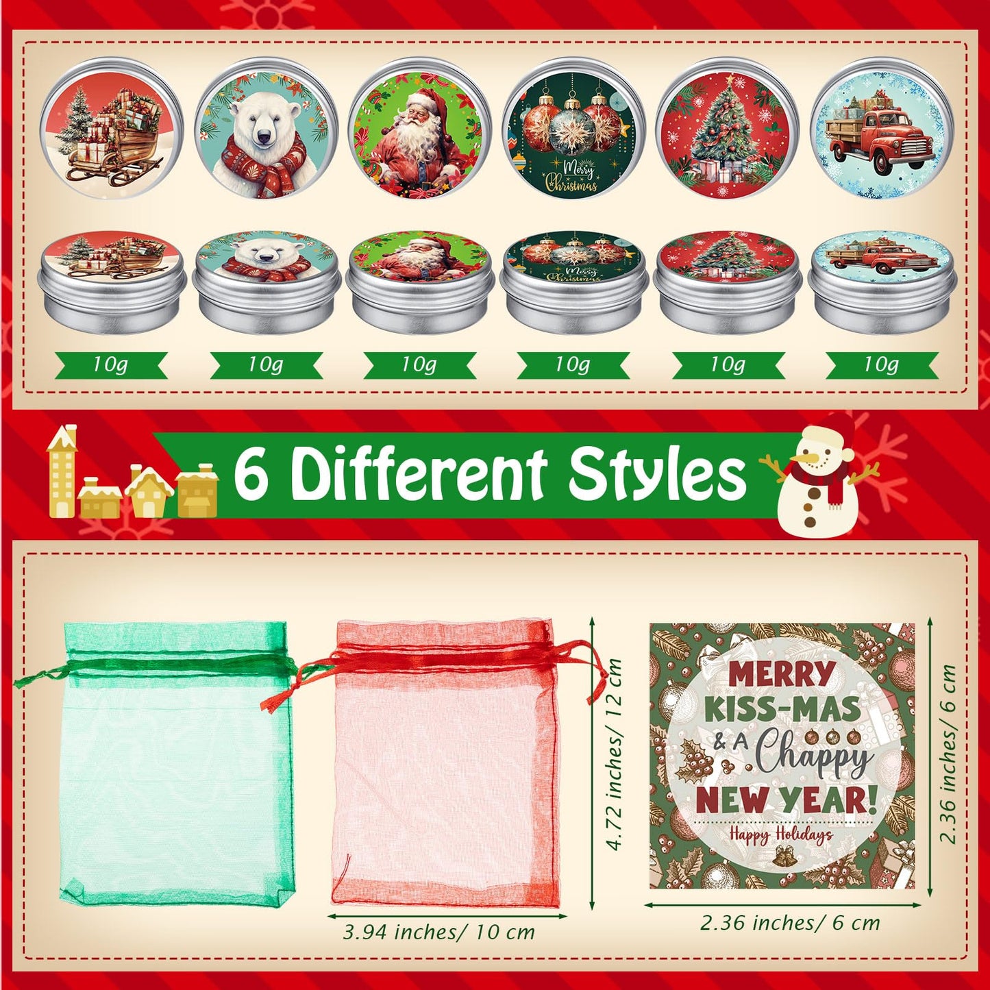 Heigble 48-Count Christmas Lip Balm Set | Honey Scented Tin Can Lip Care & Festive Gift Favors