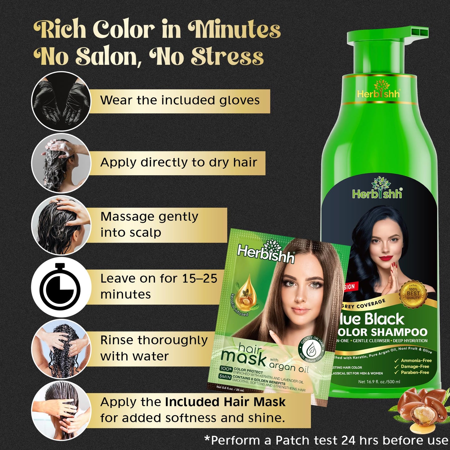 Herbishh Hair Color Shampoo - 3-in-1 Ammonia-Free Gray Hair Dye (Blue Black) 500ml