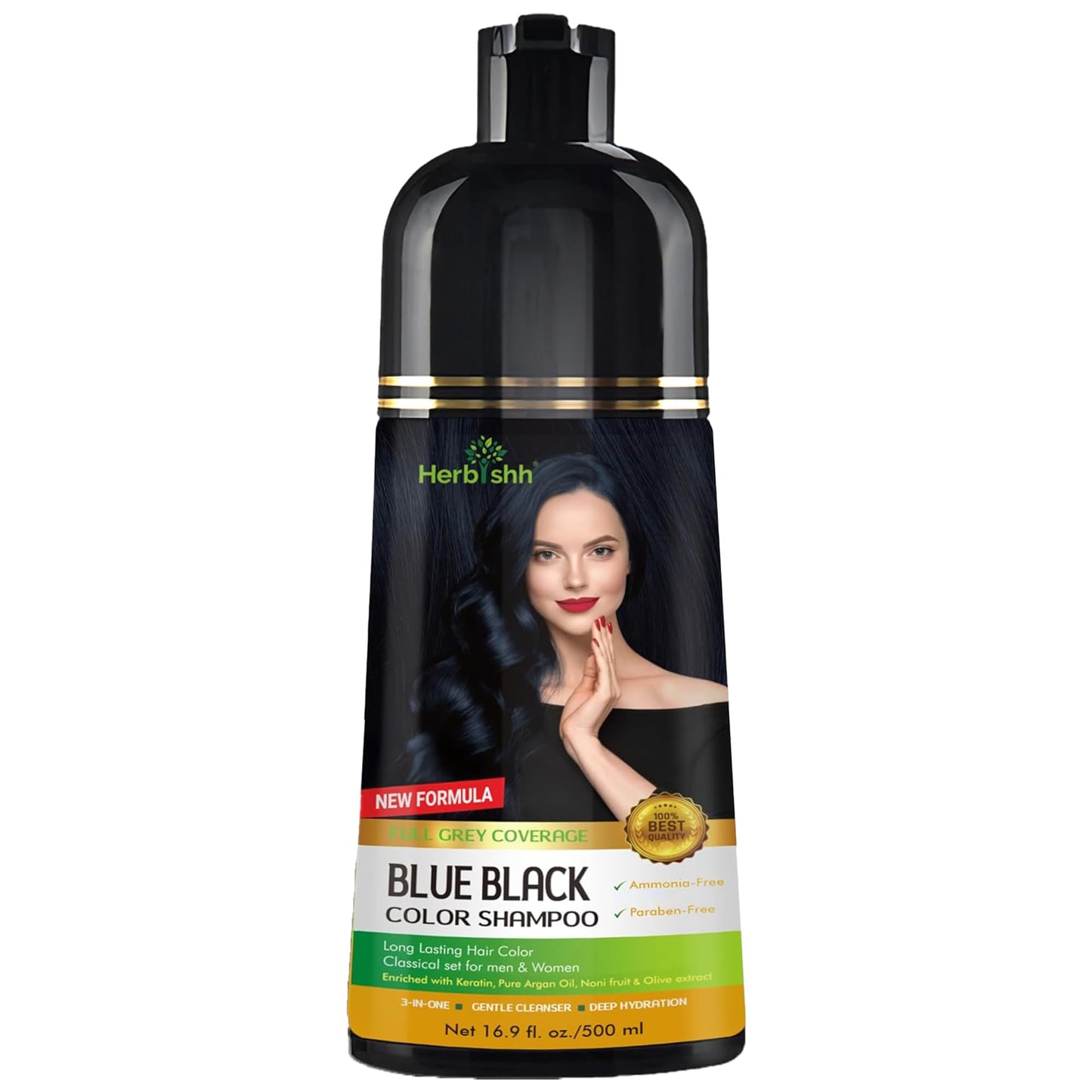 Herbishh Hair Color Shampoo - 3-in-1 Ammonia-Free Gray Hair Dye (Blue Black) 500ml