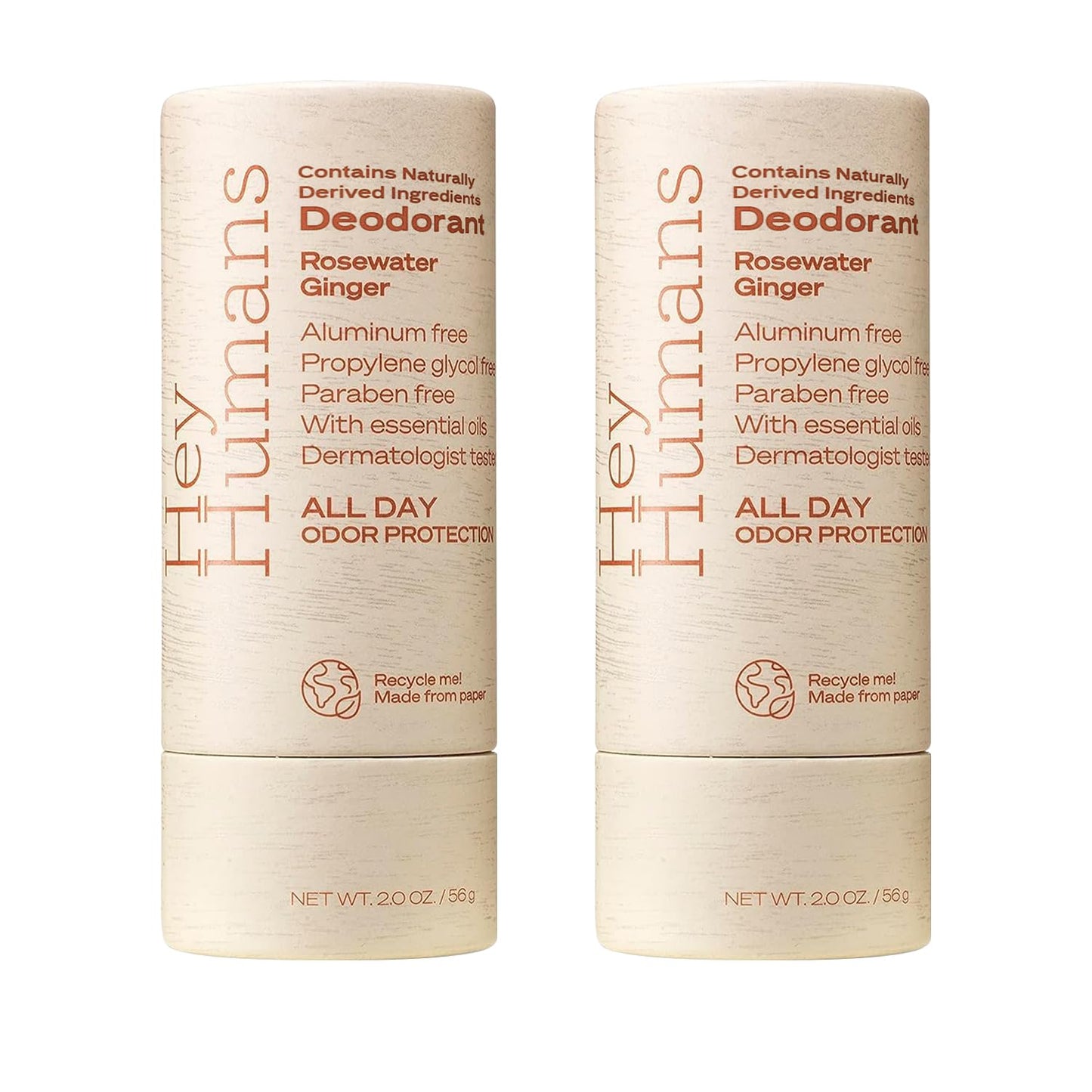 Hey Humans Deodorant – Aluminum-Free Rosewater Ginger, All-Day Odor Control (Pack of 2)