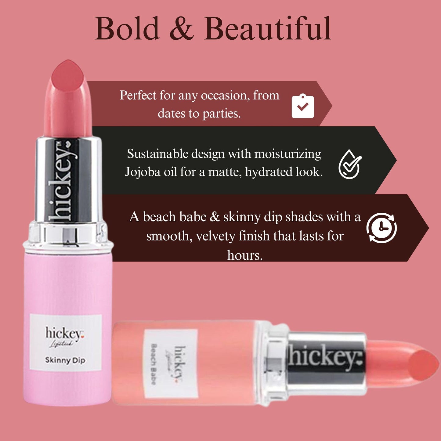 Hickey Lipstick Beach Babe & Skinny Dip: Organic Long-Lasting Refills (Pink & Coral)