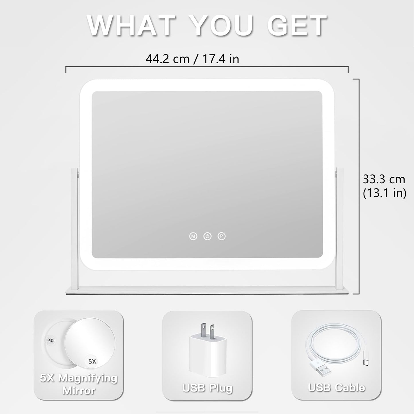 HIEEY Vanity Mirror with Lights — 360° Rotation, 3 Lighting Modes, 5x Magnification, Smart Touch (White, 17.4 x 13.5 in)