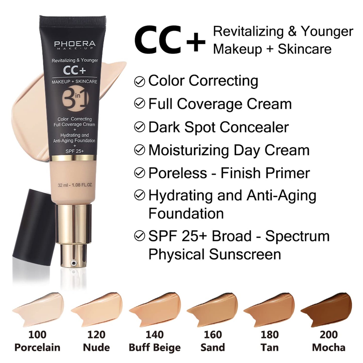 Hilareco Air Cushion CC Cream – PHOERA CC+ Cream SPF25, Hydrating Serum, Primer & Kabuki Brush Set