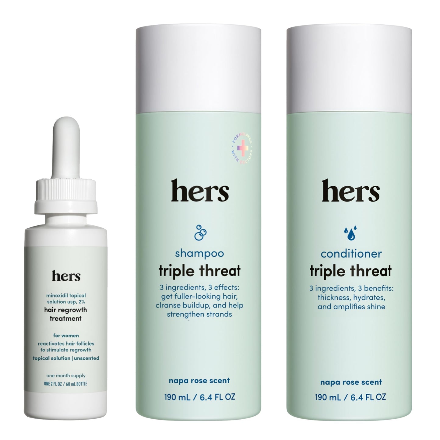 Hims & Hers Triple Threat Shampoo, Conditioner & 2% Minoxidil Set – Color-Safe, Paraben-Free