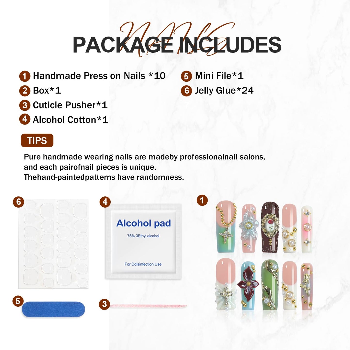 Homsera Lustrous Blossom Press-On Nails | 3D Floral & Pearlescent Orbs