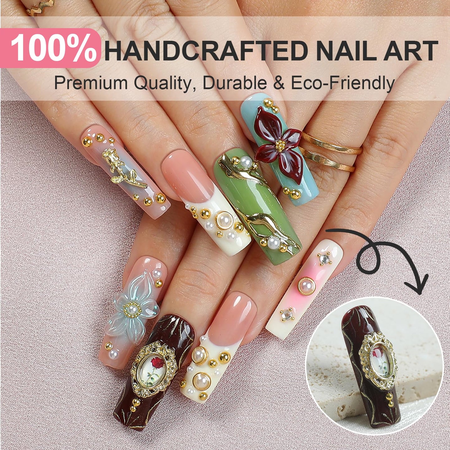 Homsera Lustrous Blossom Press-On Nails | 3D Floral & Pearlescent Orbs