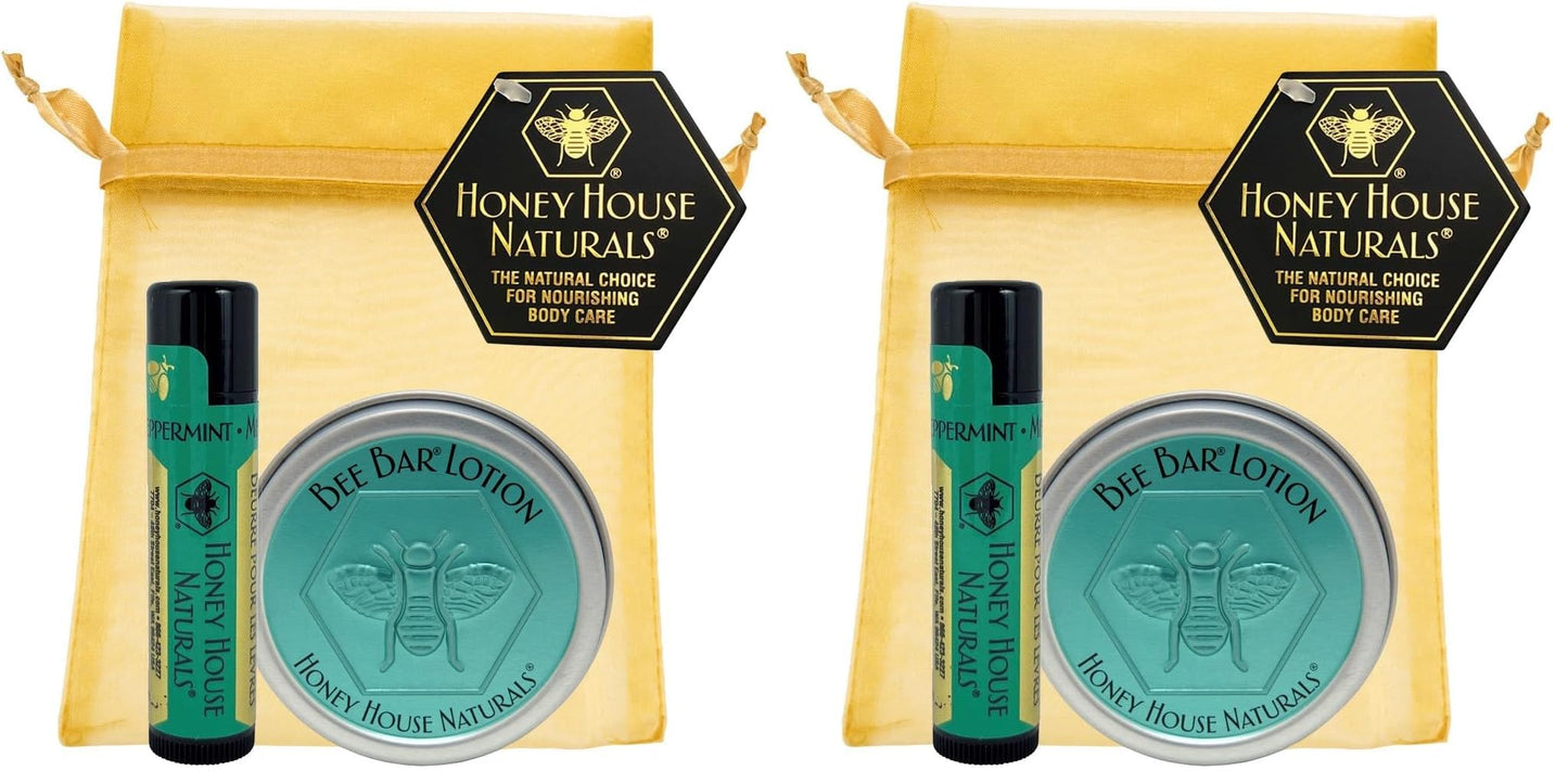 Honey House Naturals 2 Piece Gift Set | All-Natural Moisturizing Bee Bar & Lip Butter, Peppermint | Made in USA
